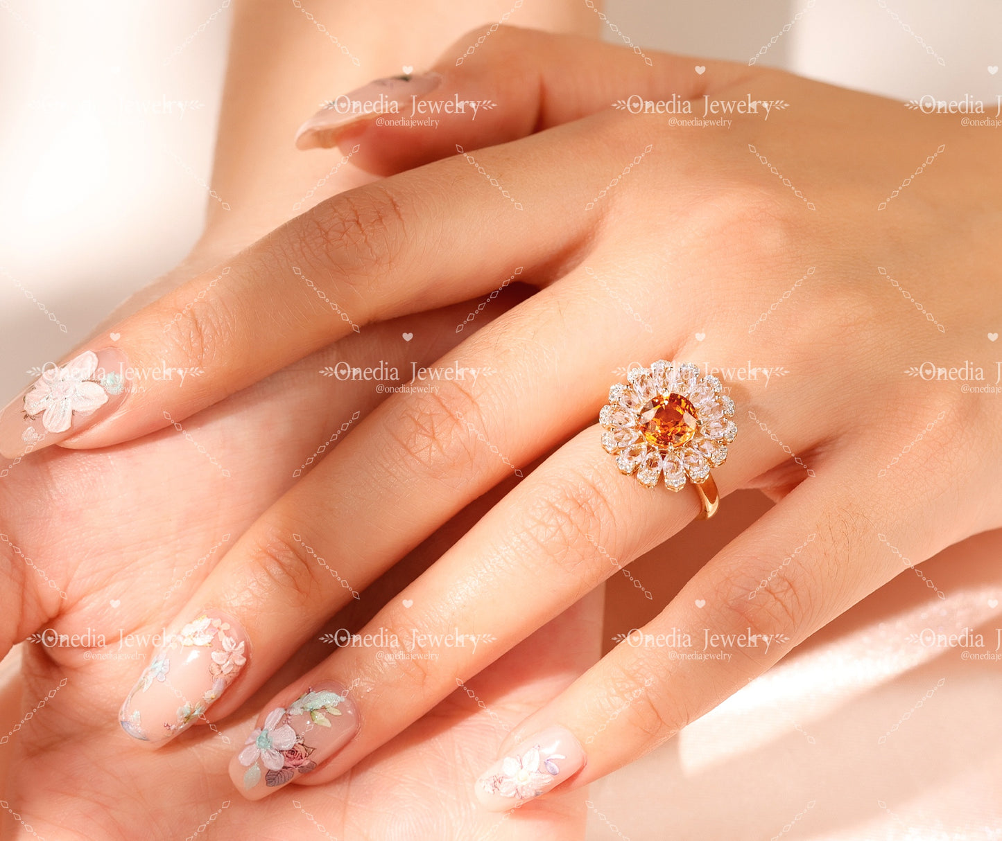 2ct Floral Summer style Orange Lab Grown Sapphire with lab diamonds ring in 18k yellow gold