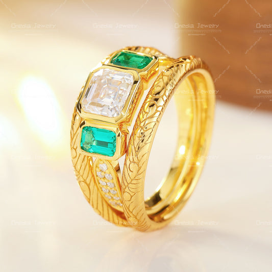 Three-Stone Emerald Cut Diamond Ring with Matching Engraved Bands in 18K gold