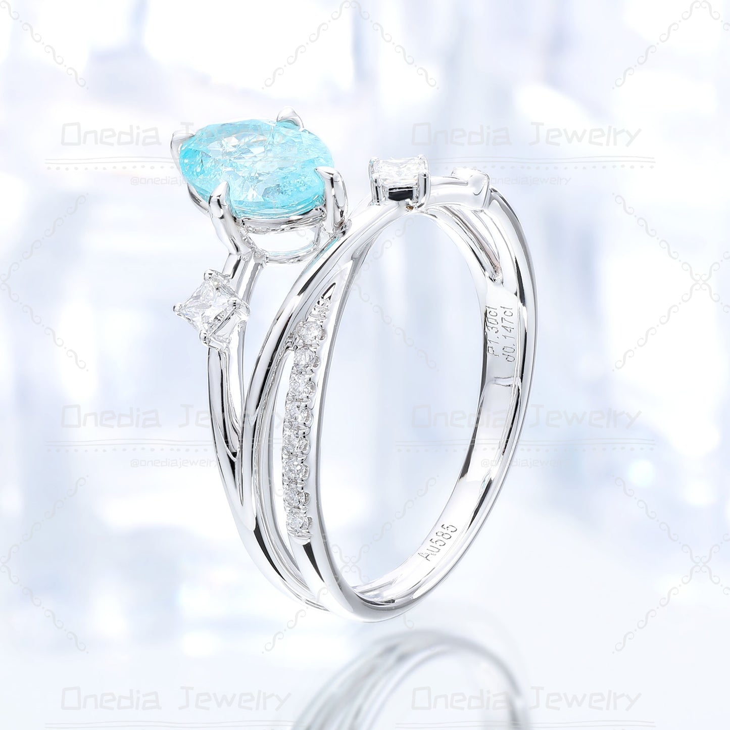 1ct Oval Lab Grown Paraiba color YAG Ice Blue 5x7mm Romantic Star design Engagement ring in 14k white gold