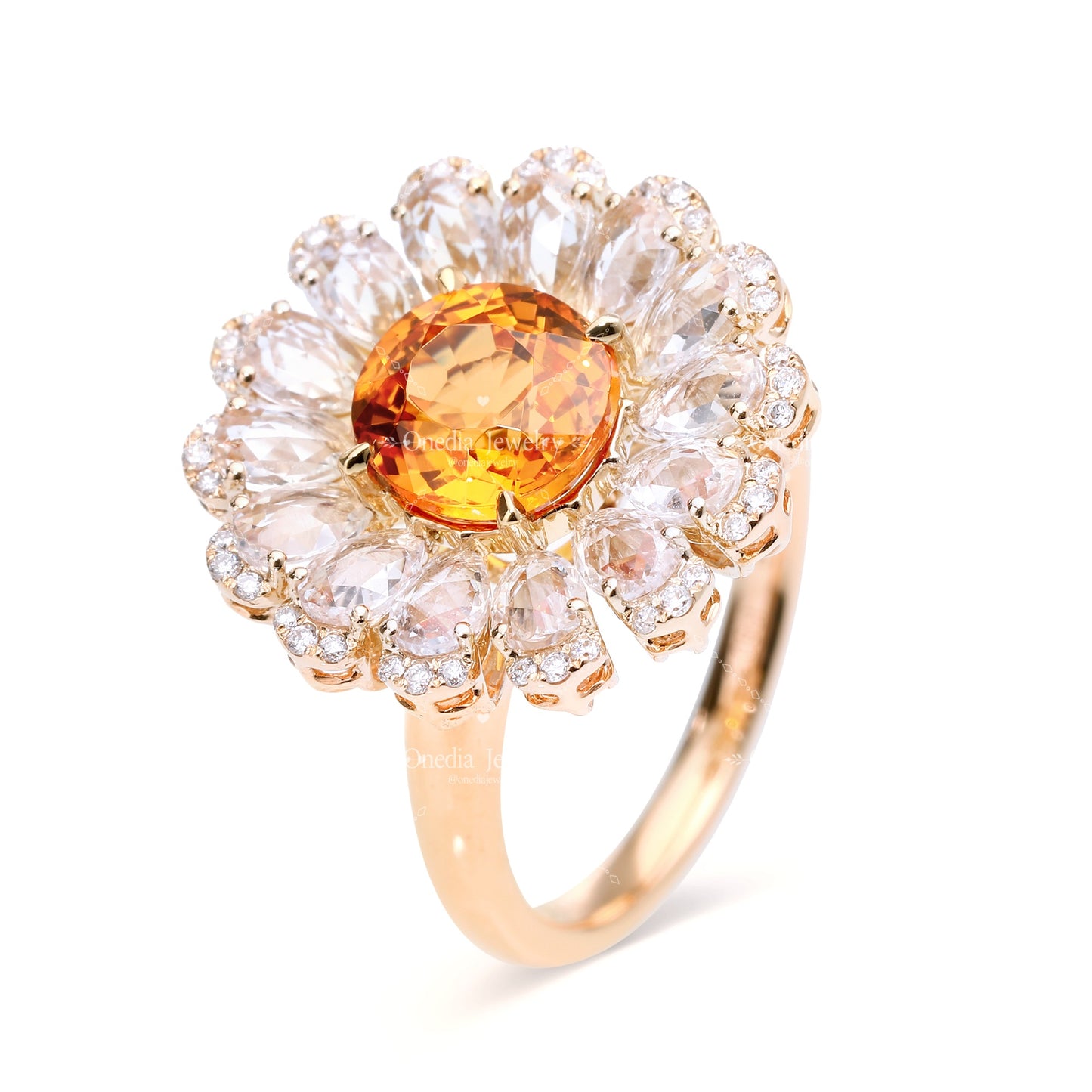 2ct Floral Summer style Orange Lab Grown Sapphire with lab diamonds ring in 18k yellow gold