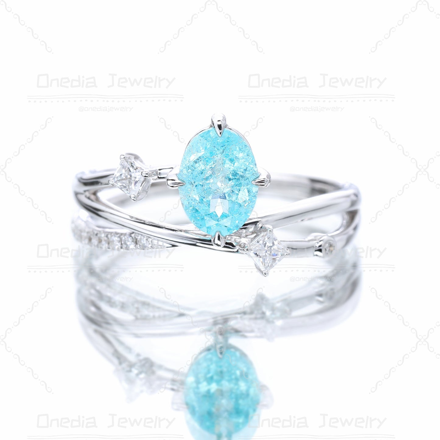 1ct Oval Lab Grown Paraiba color YAG Ice Blue 5x7mm Romantic Star design Engagement ring in 14k white gold