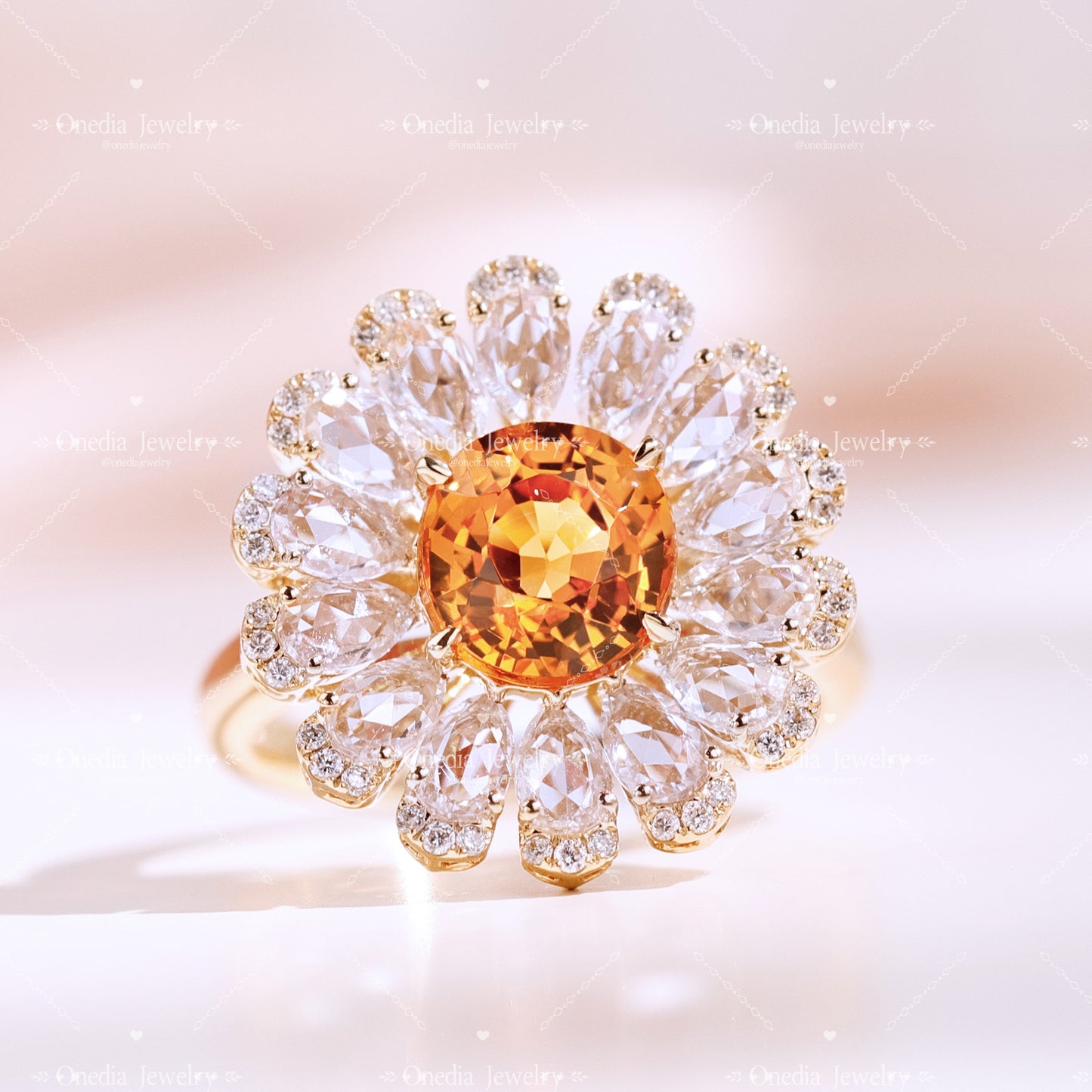 2ct Floral Summer style Orange Lab Grown Sapphire with lab diamonds ring in 18k yellow gold