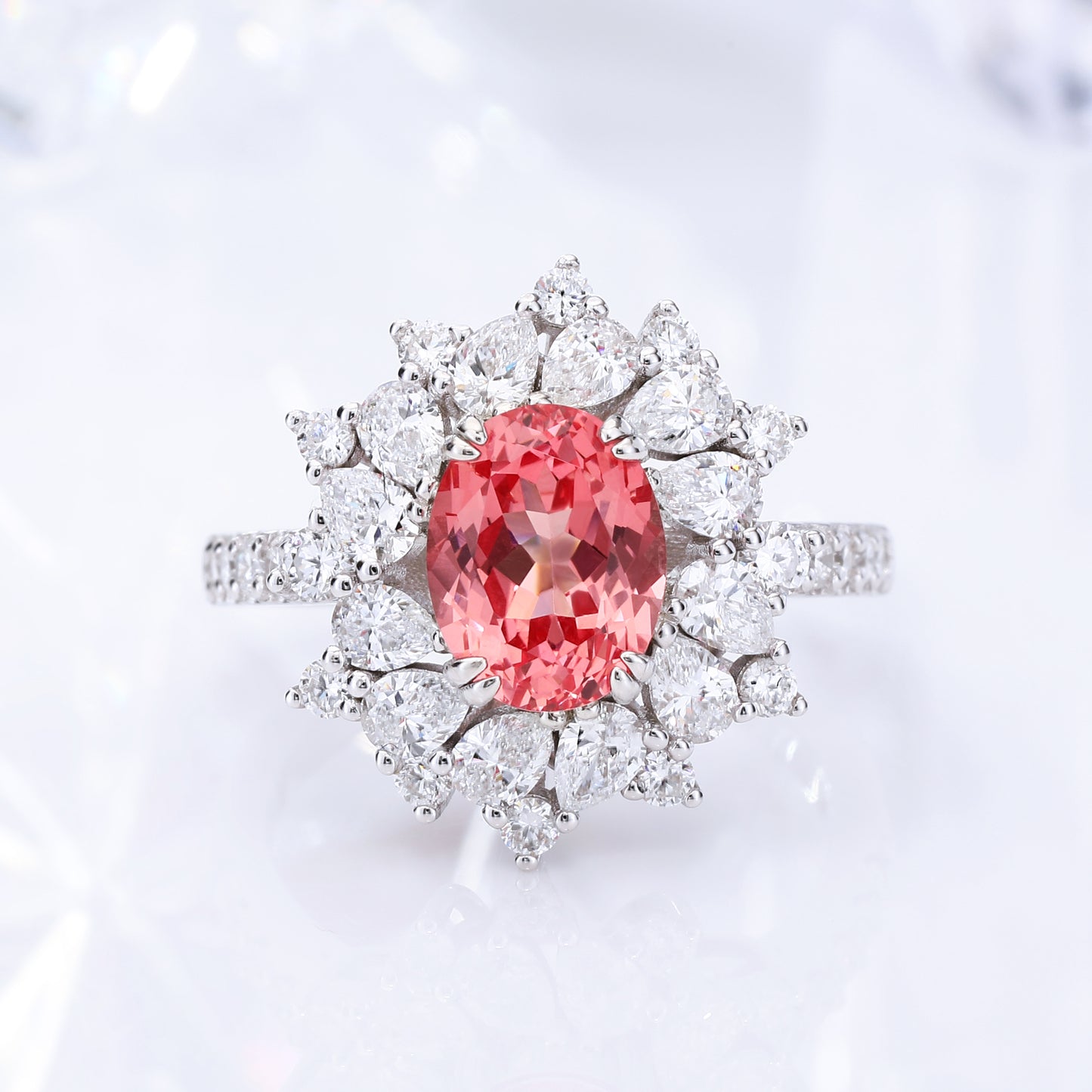 2.5carats Lab grown Sapphire padparadscha lab diamond floral cluster engagement ring gold