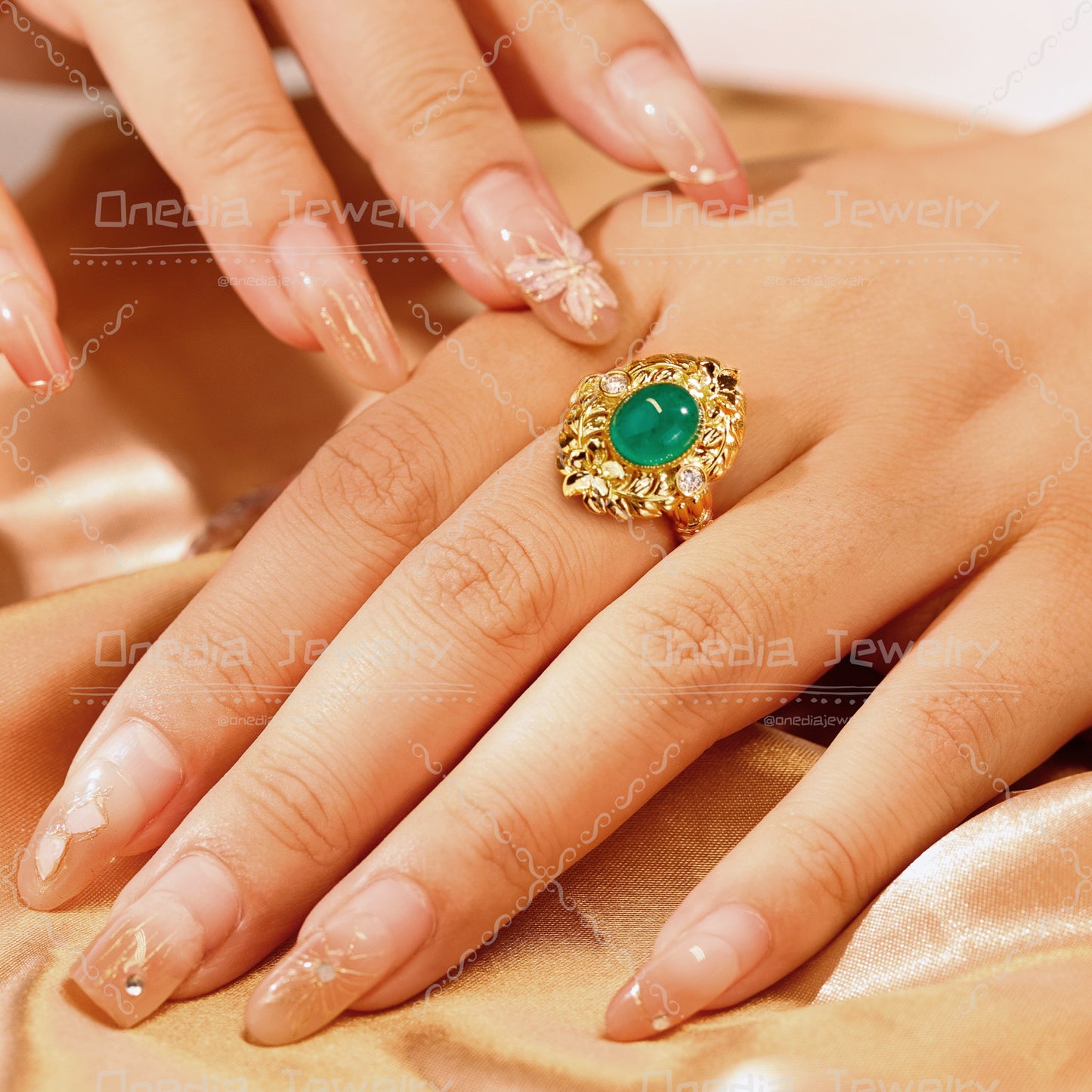 Art Deco 2.8ct Oval Cabochon Lab Grown Emerald 8x10mm Floral Engagement ring in 18k yellow gold with lab diamonds