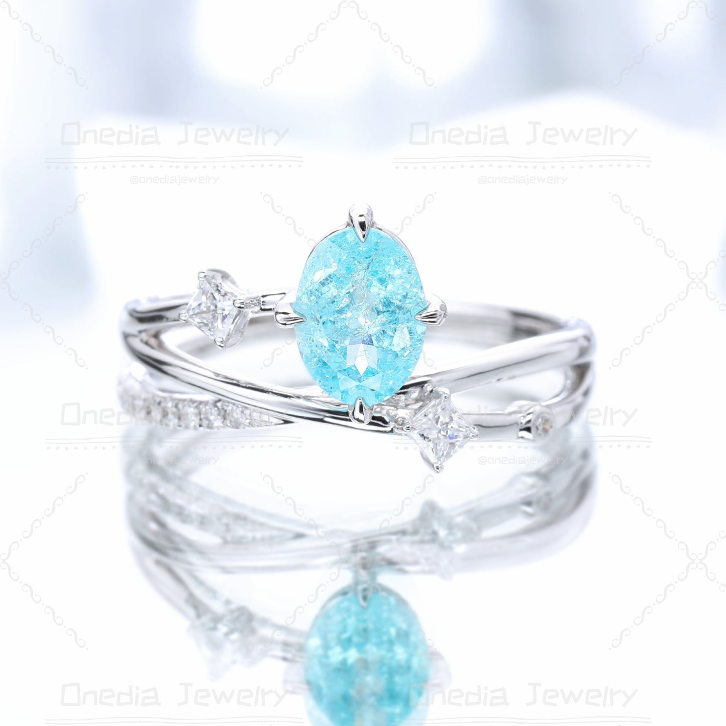1ct Oval Lab Grown Paraiba color YAG Ice Blue 5x7mm Romantic Star design Engagement ring in 14k white gold
