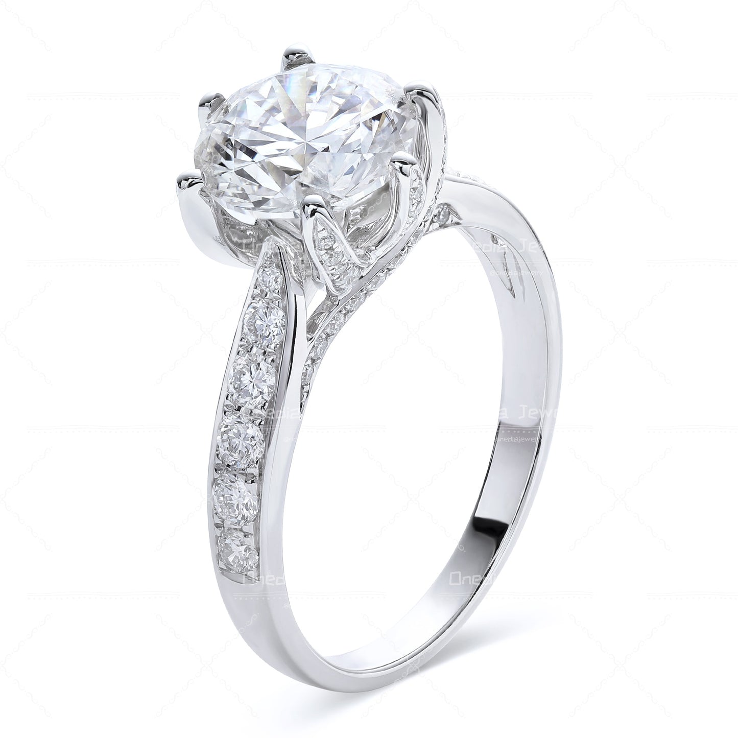 3ct round Lab Diamond Petal-Shaped Prongs Encrusted Band Engagement Ring in 14k white gold