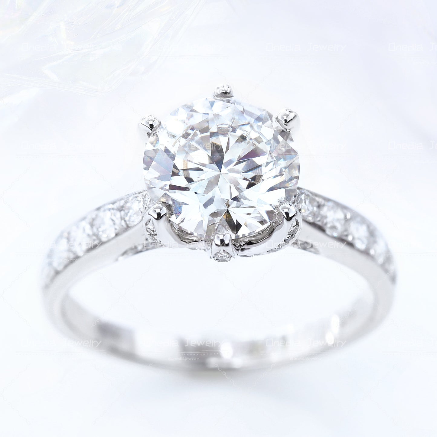3ct round Lab Diamond Petal-Shaped Prongs Encrusted Band Engagement Ring in 14k white gold