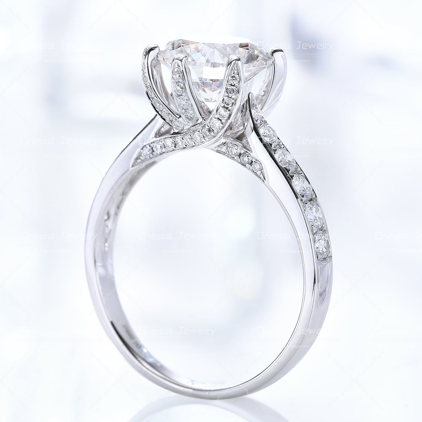 3ct round Lab Diamond Petal-Shaped Prongs Encrusted Band Engagement Ring in 14k white gold
