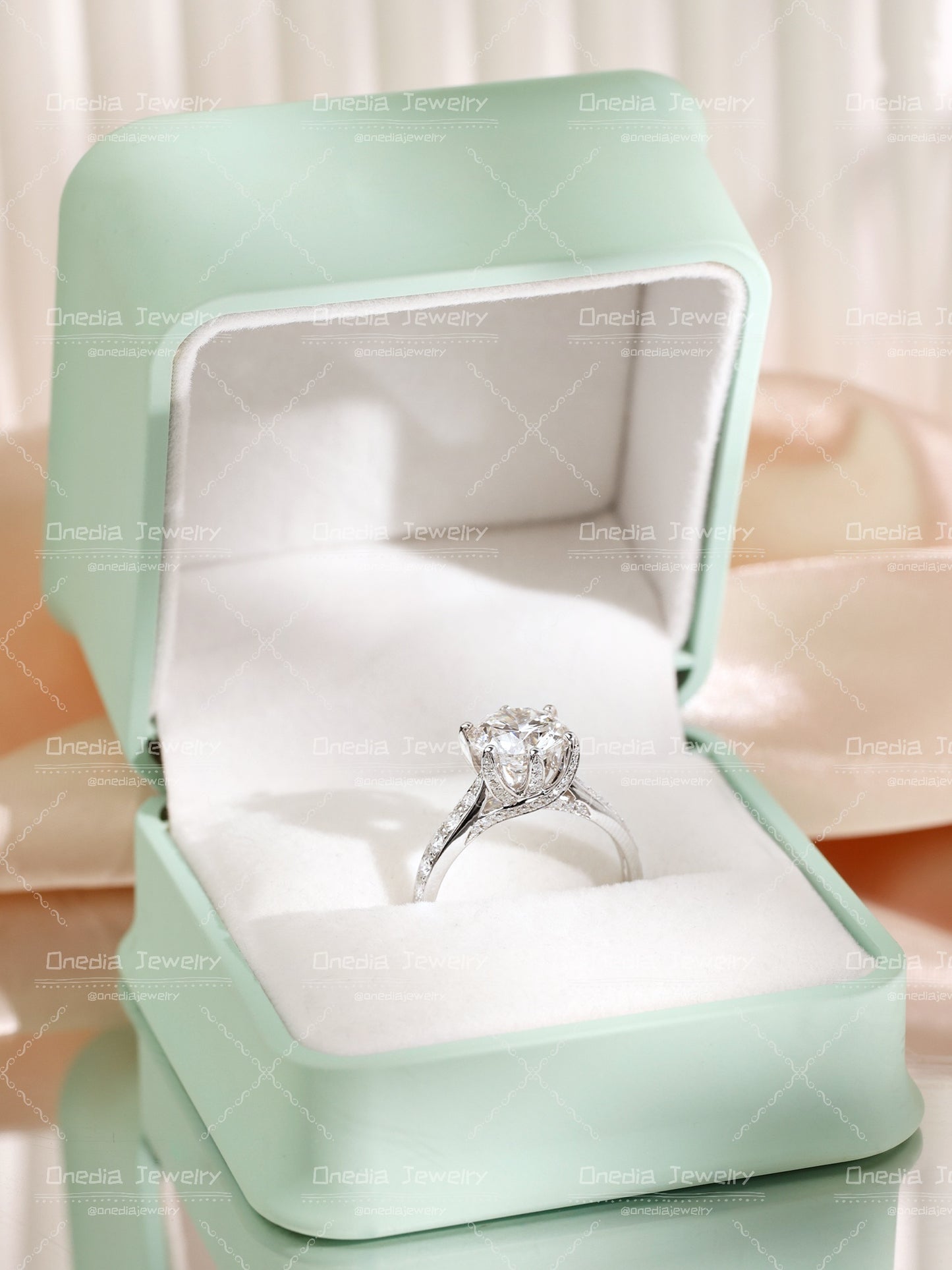 3ct round Lab Diamond Petal-Shaped Prongs Encrusted Band Engagement Ring in 14k white gold