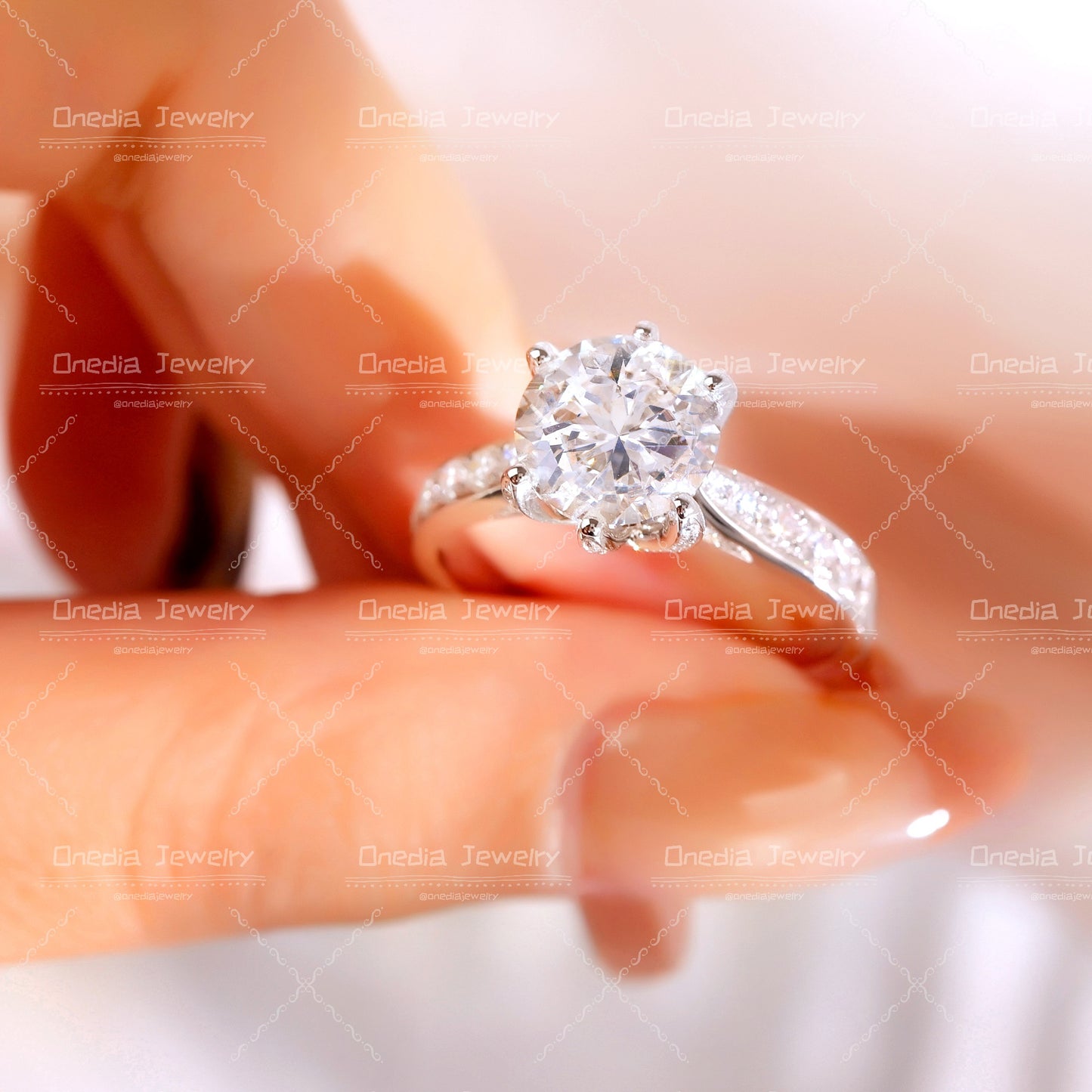 3ct round Lab Diamond Petal-Shaped Prongs Encrusted Band Engagement Ring in 14k white gold