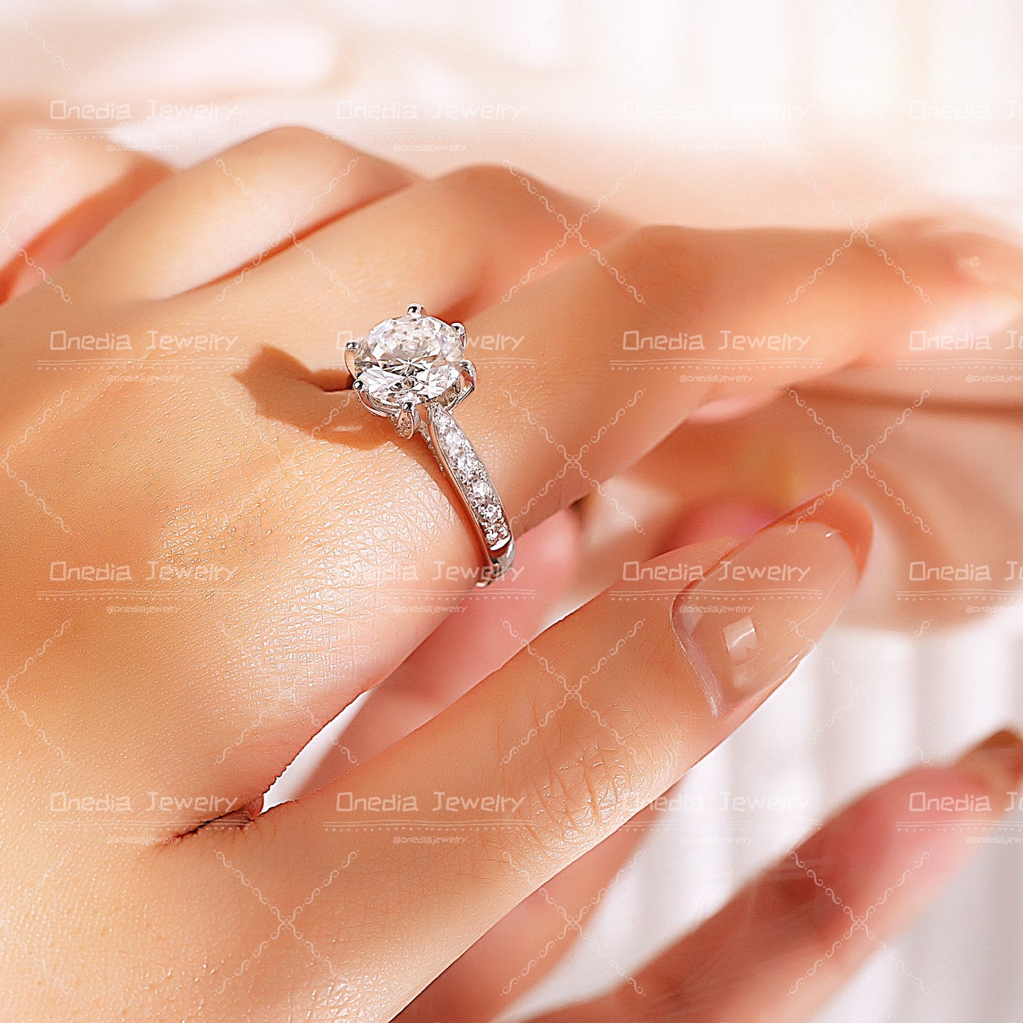 3ct round Lab Diamond Petal-Shaped Prongs Encrusted Band Engagement Ring in 14k white gold