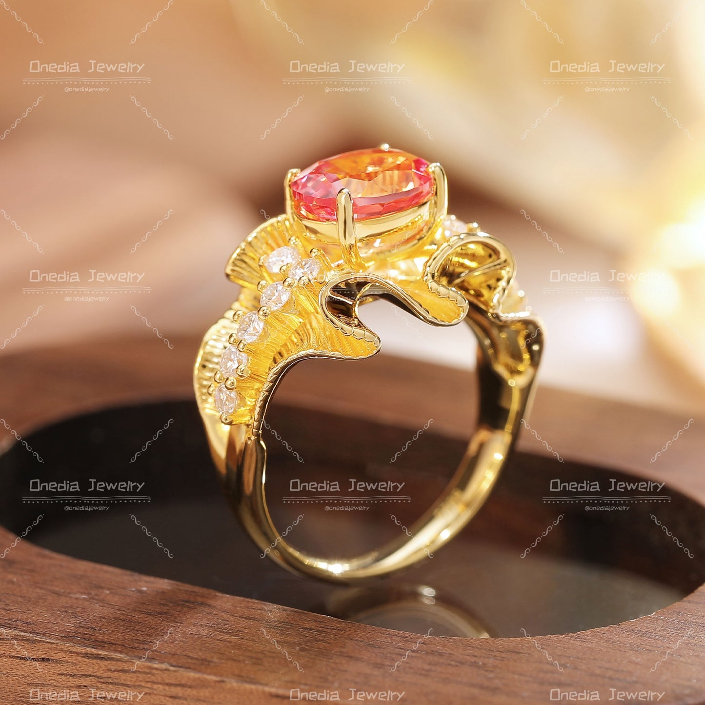 Organic Textured 14K Gold Padparadscha Diamond Ring vintage design engagement gift