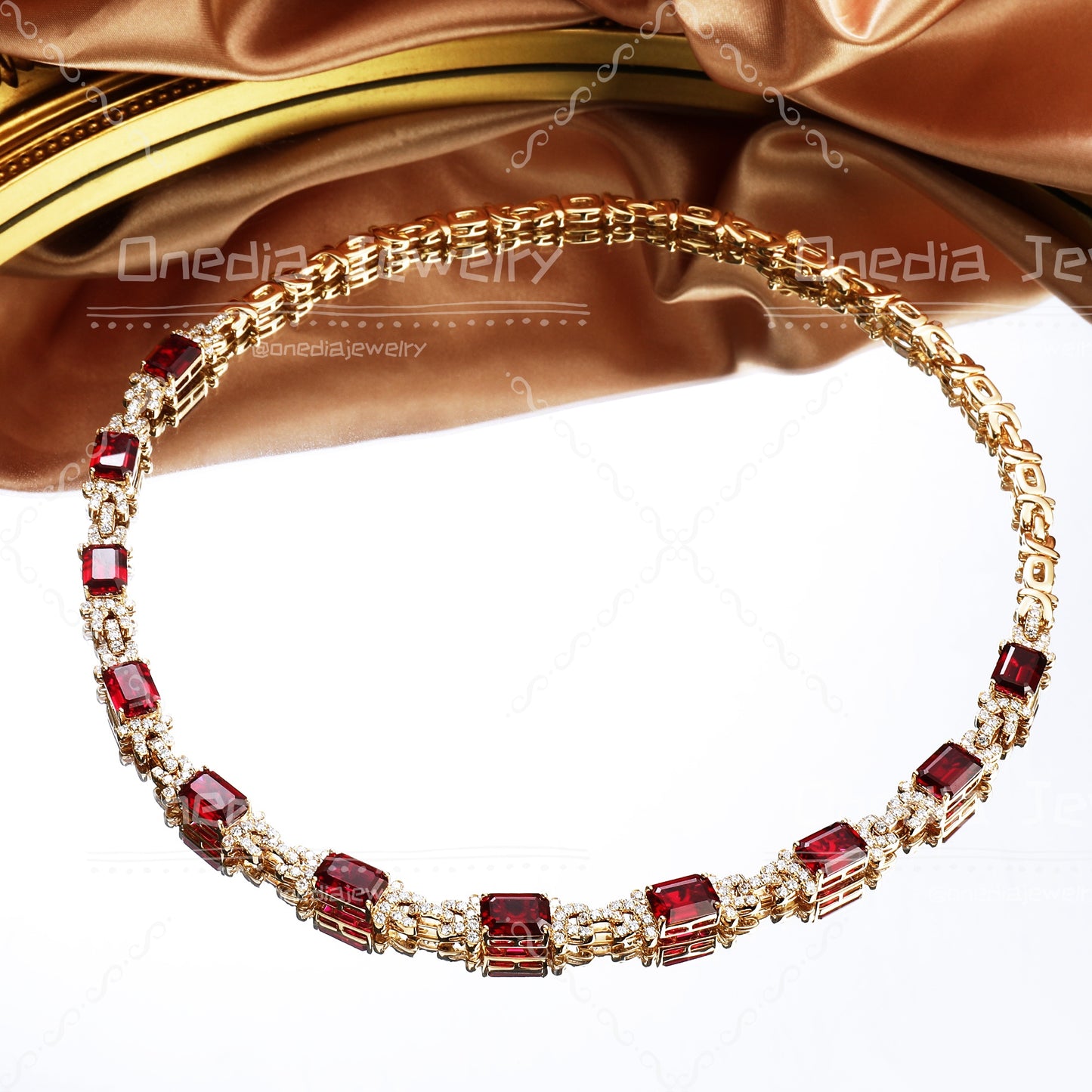 8x10mm Emerald Cut Lab Grown Ruby with Lab diamonds Luxury Design half paperclip chain 18k Rose Gold Necklace