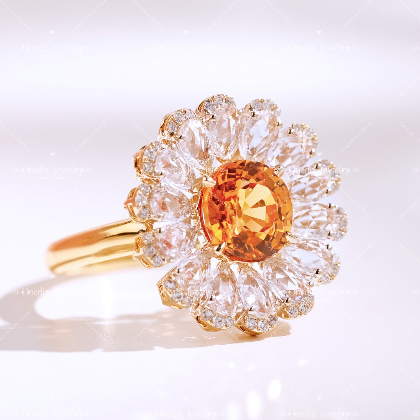 2ct Floral Summer style Orange Lab Grown Sapphire with lab diamonds ring in 18k yellow gold