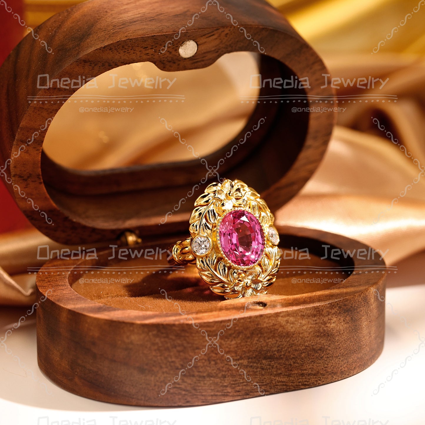 Art Deco 5ct Oval Lab Grown Sapphire Hot Pink 10x12mm Floral Engagement ring in 18k yellow gold with lab diamonds