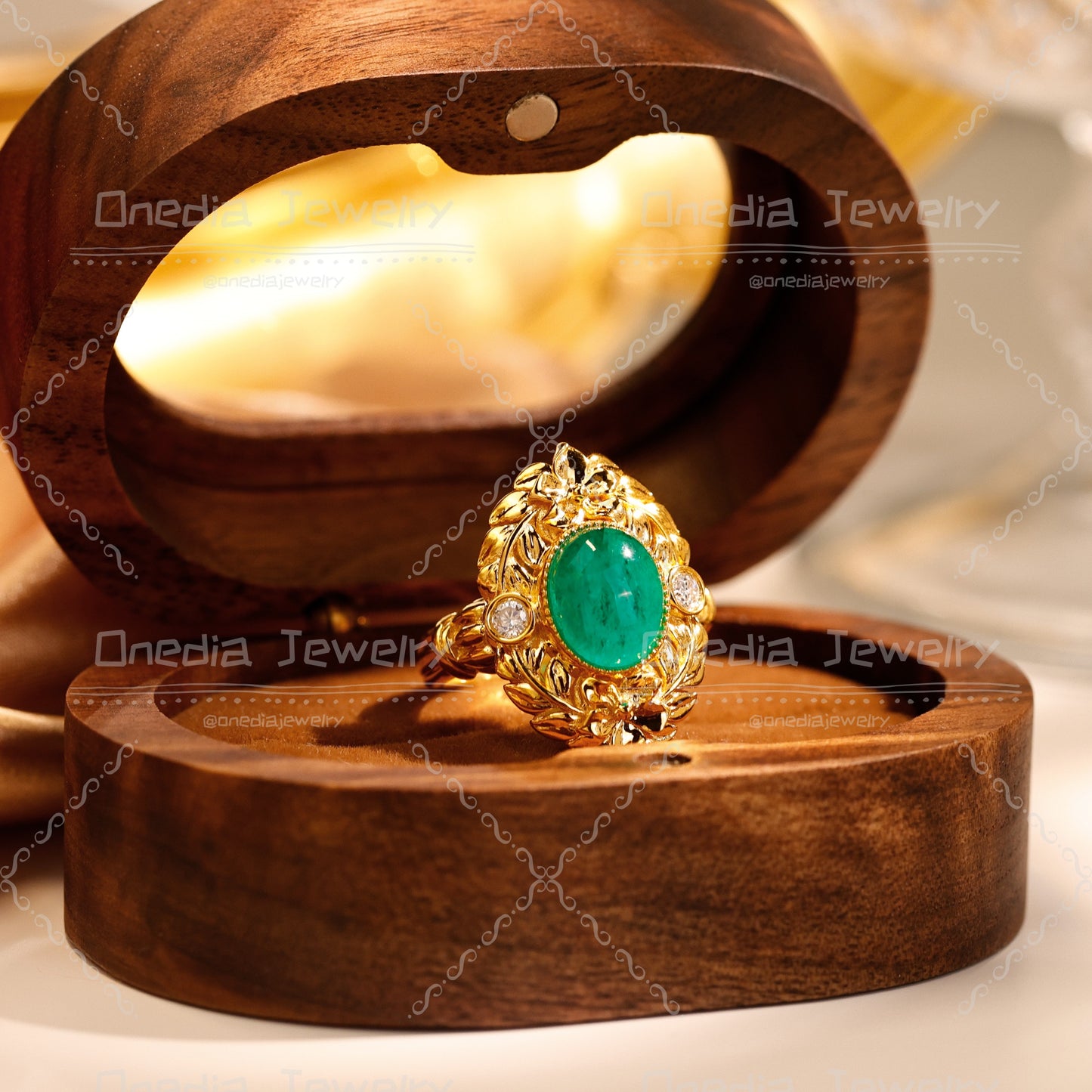 Art Deco 2.8ct Oval Cabochon Lab Grown Emerald 8x10mm Floral Engagement ring in 18k yellow gold with lab diamonds