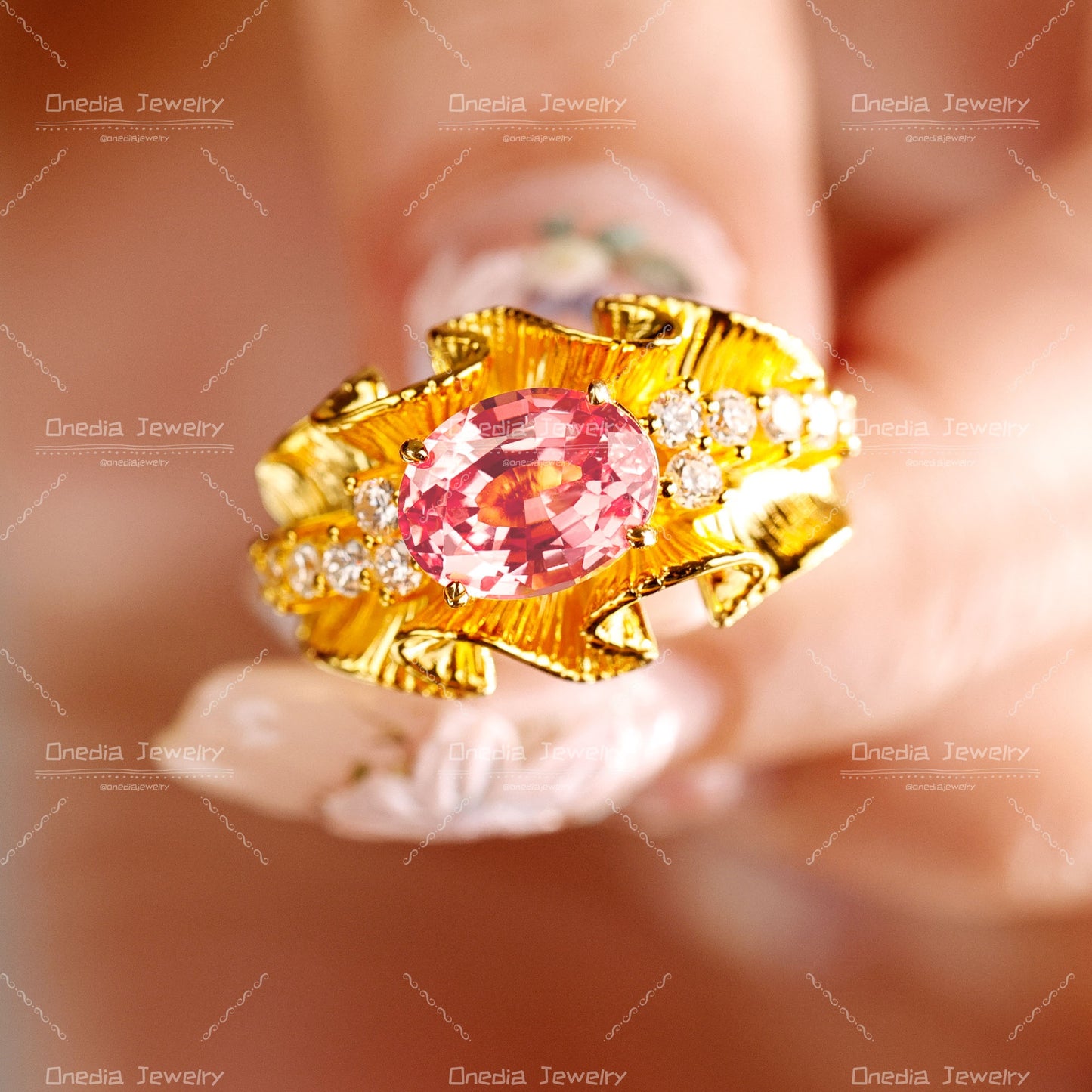 Organic Textured 14K Gold Padparadscha Diamond Ring vintage design engagement gift