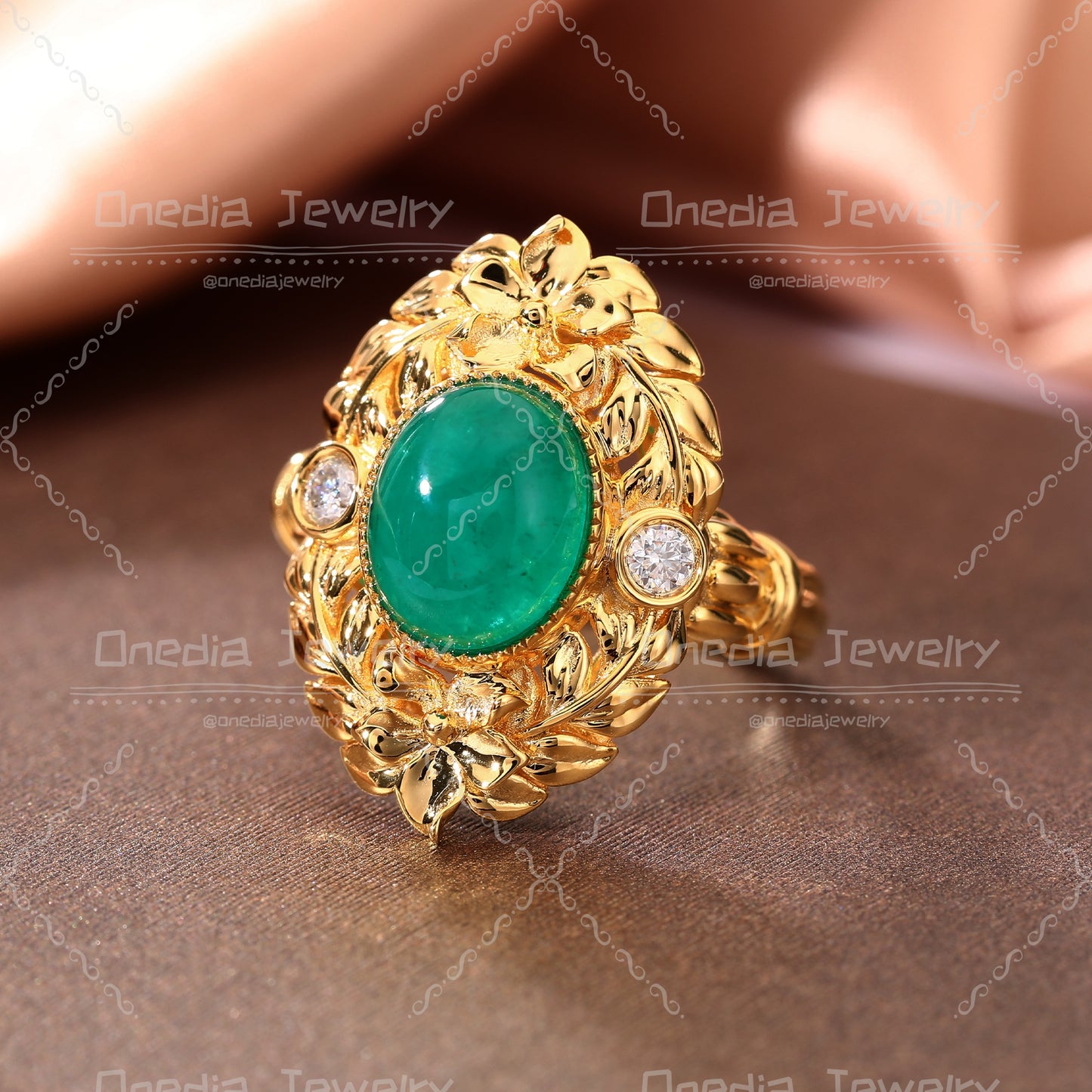 Art Deco 2.8ct Oval Cabochon Lab Grown Emerald 8x10mm Floral Engagement ring in 18k yellow gold with lab diamonds