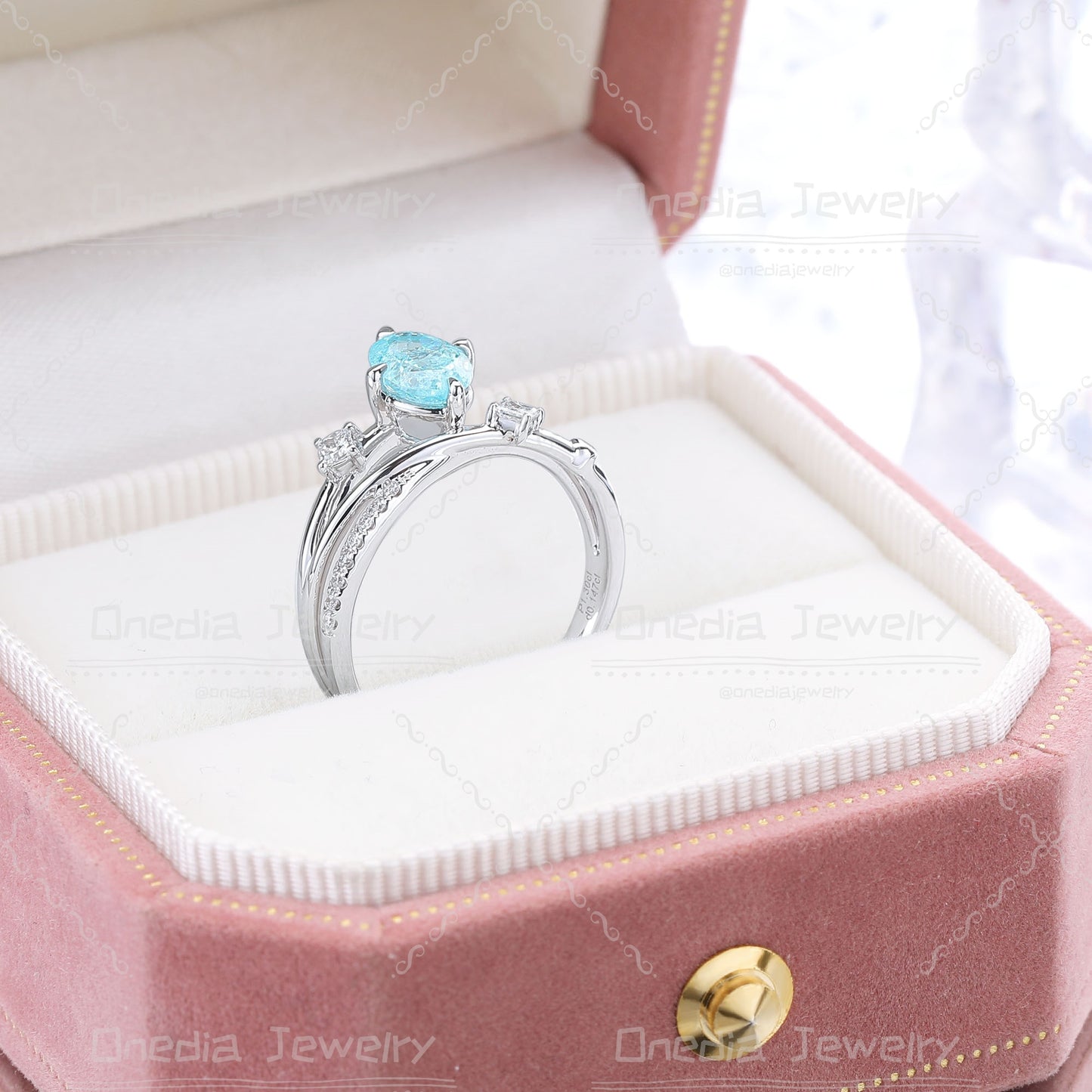 1ct Oval Lab Grown Paraiba color YAG Ice Blue 5x7mm Romantic Star design Engagement ring in 14k white gold