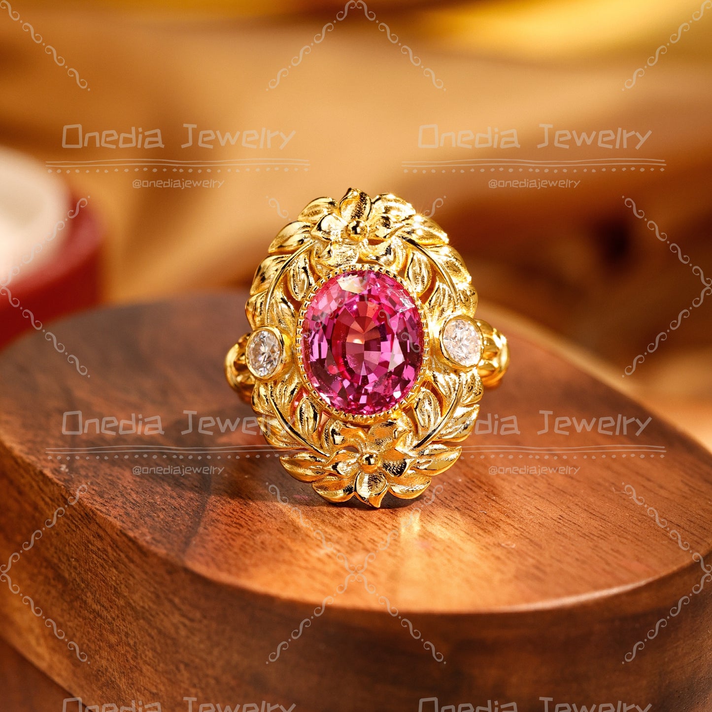 Art Deco 5ct Oval Lab Grown Sapphire Hot Pink 10x12mm Floral Engagement ring in 18k yellow gold with lab diamonds