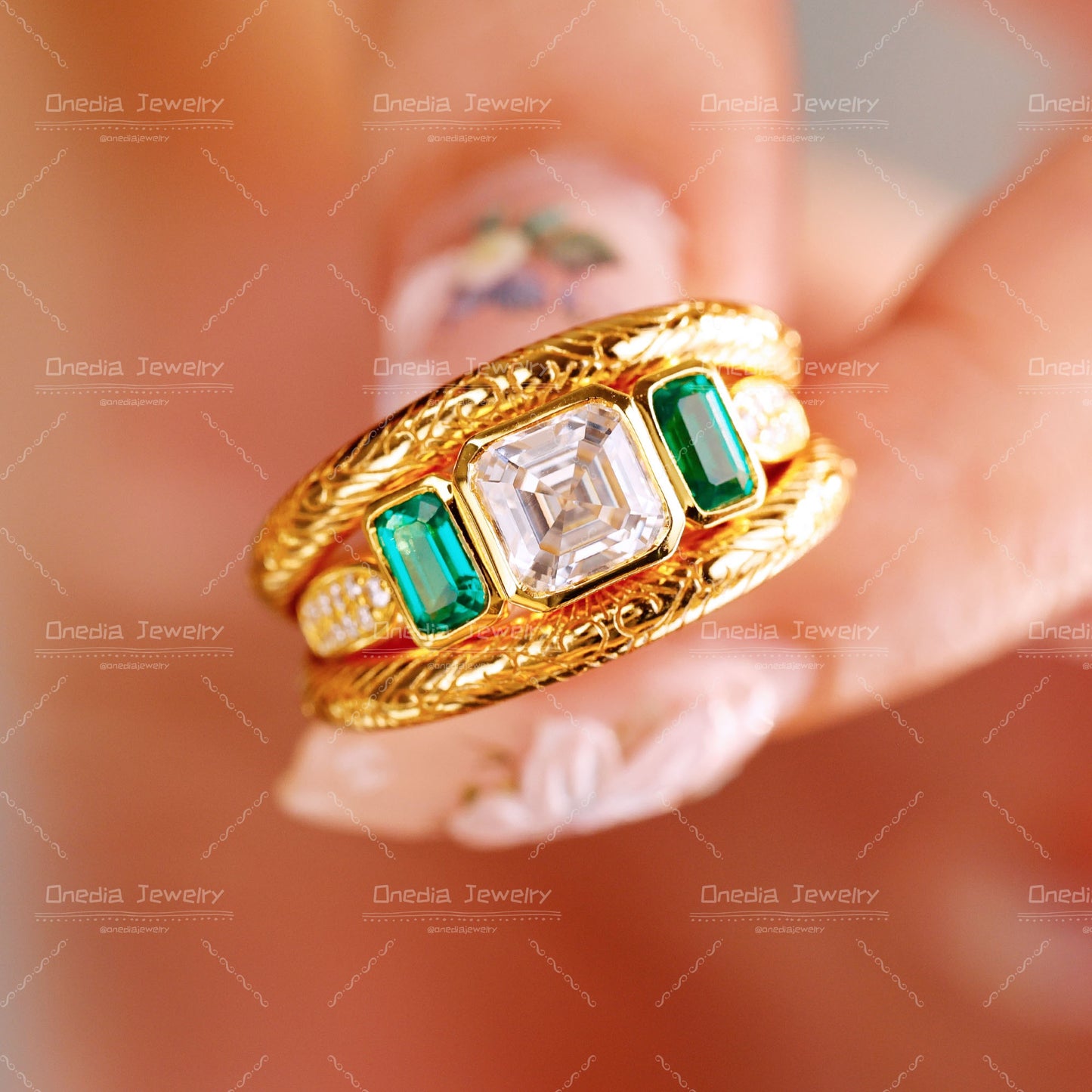 Three-Stone Emerald Cut Diamond Ring with Matching Engraved Bands in 18K gold