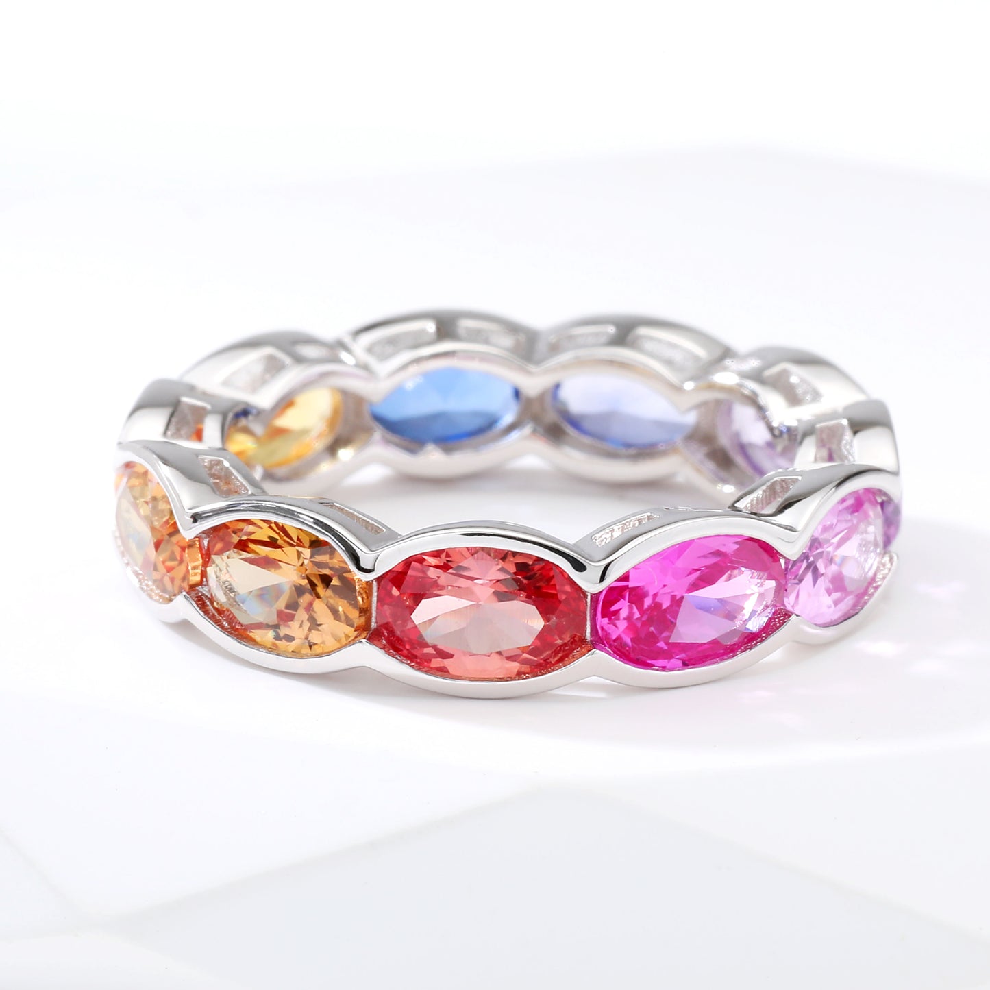4x6 oval Lab Grown Sapphire Rainbow Multi color bezel eternity wedding band ring in gold