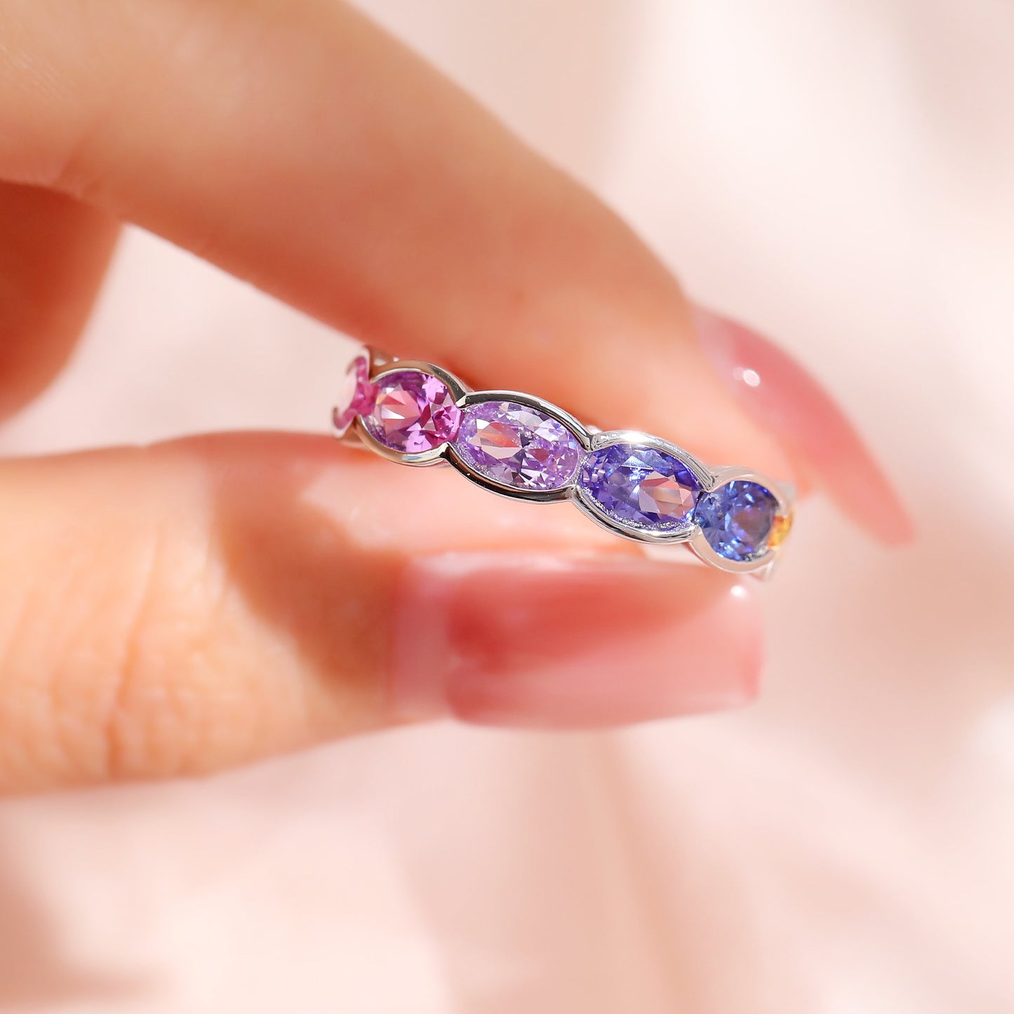 4x6 oval Lab Grown Sapphire Rainbow Multi color bezel eternity wedding band ring in gold