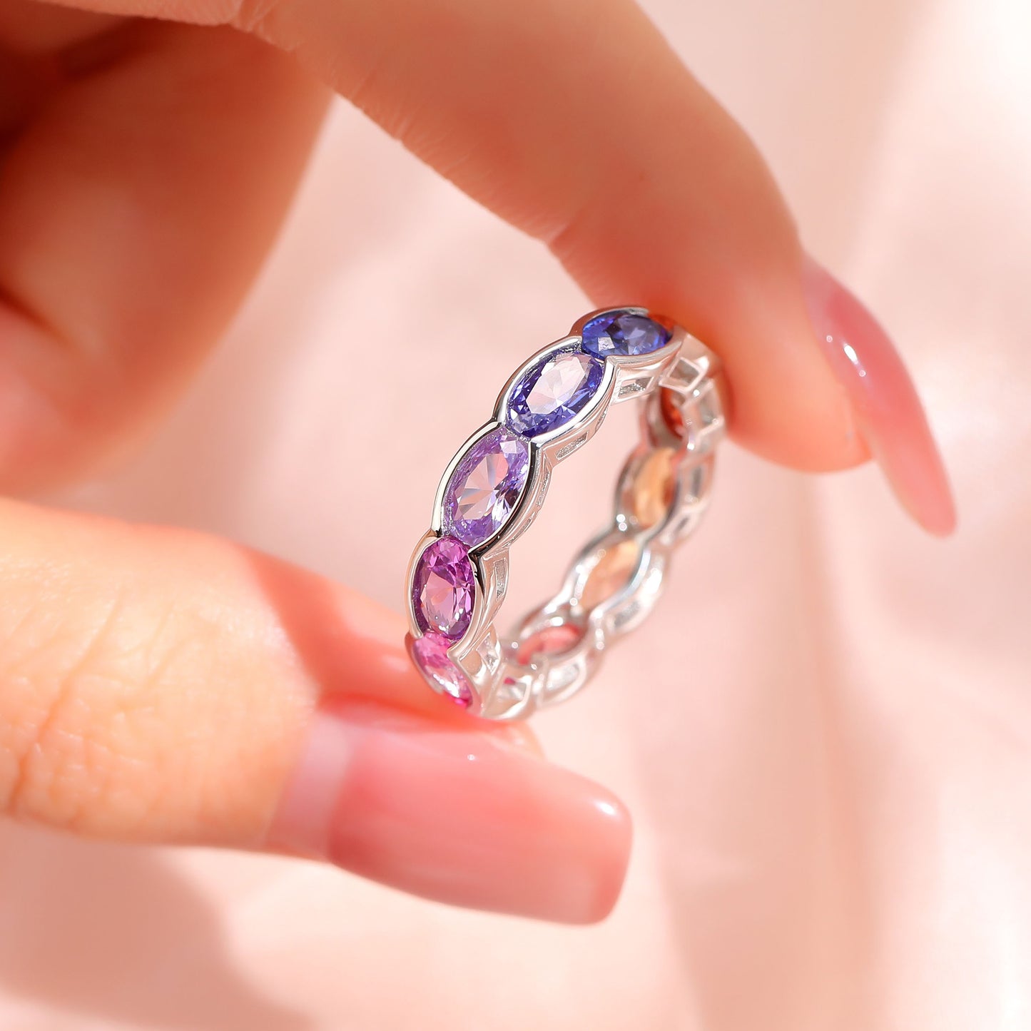 4x6 oval Lab Grown Sapphire Rainbow Multi color bezel eternity wedding band ring in gold