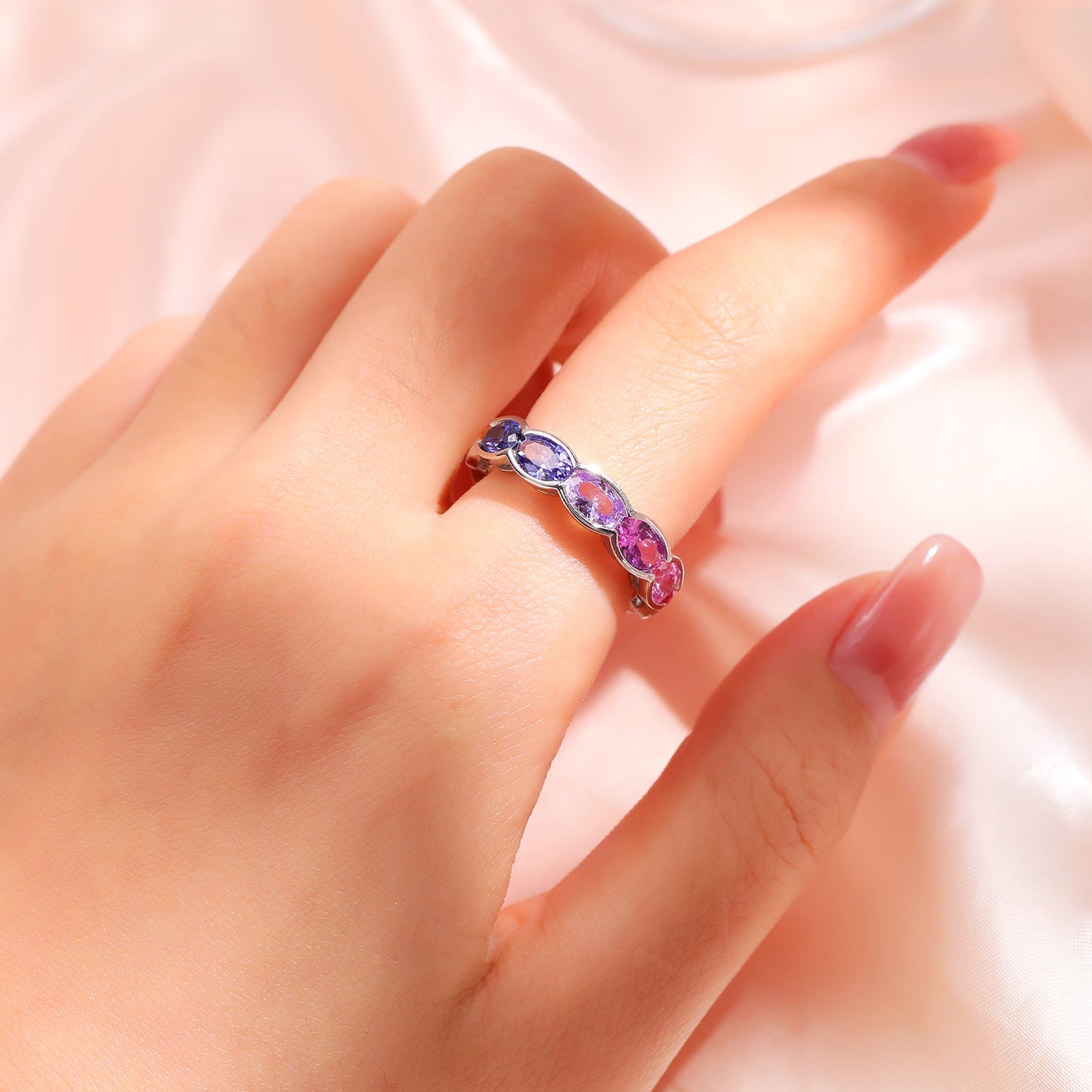 4x6 oval Lab Grown Sapphire Rainbow Multi color bezel eternity wedding band ring in gold
