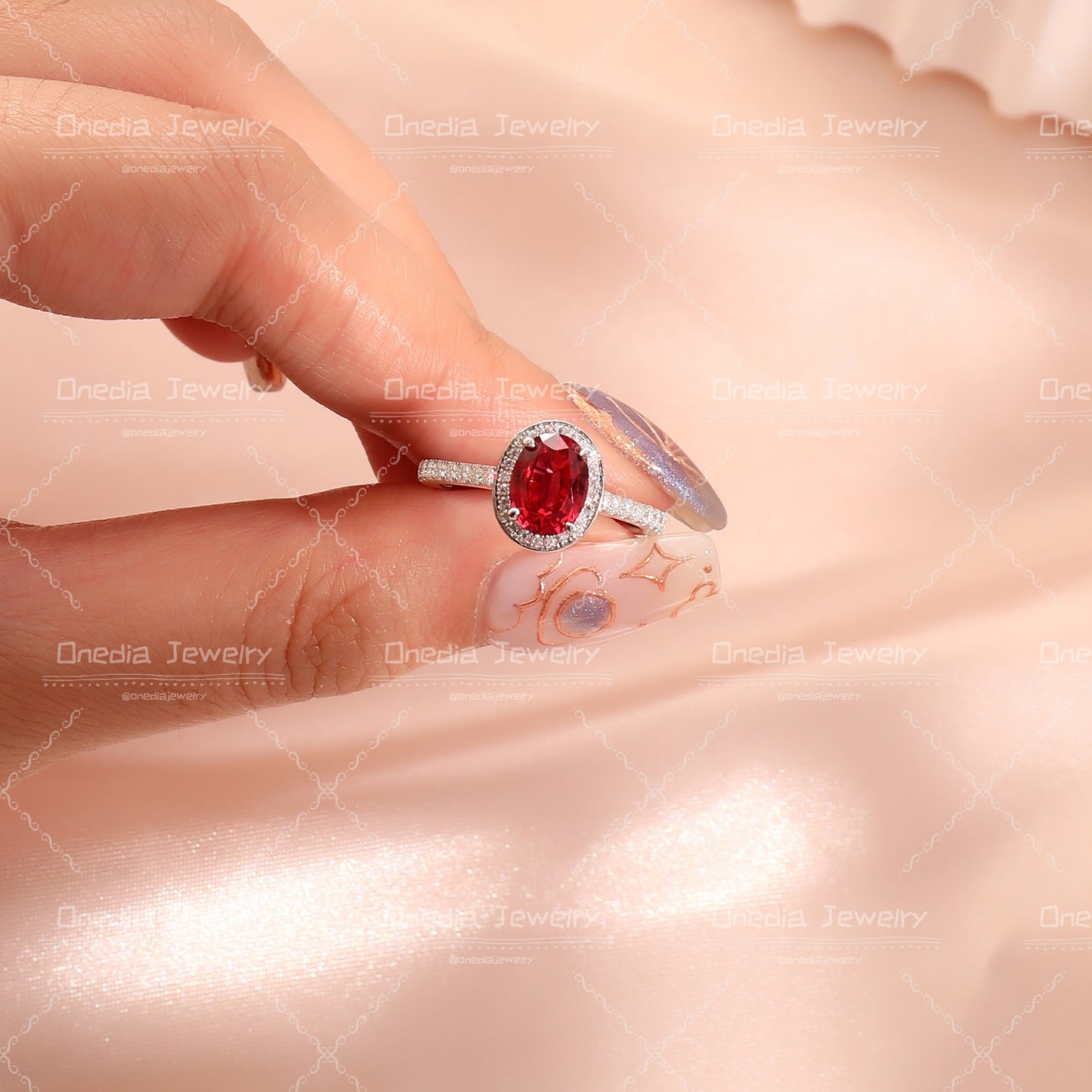 1.5ct Oval Lab Grown Sapphire Padparadscha 6x8mm Classic Halo design Engagement ring in 18k white gold
