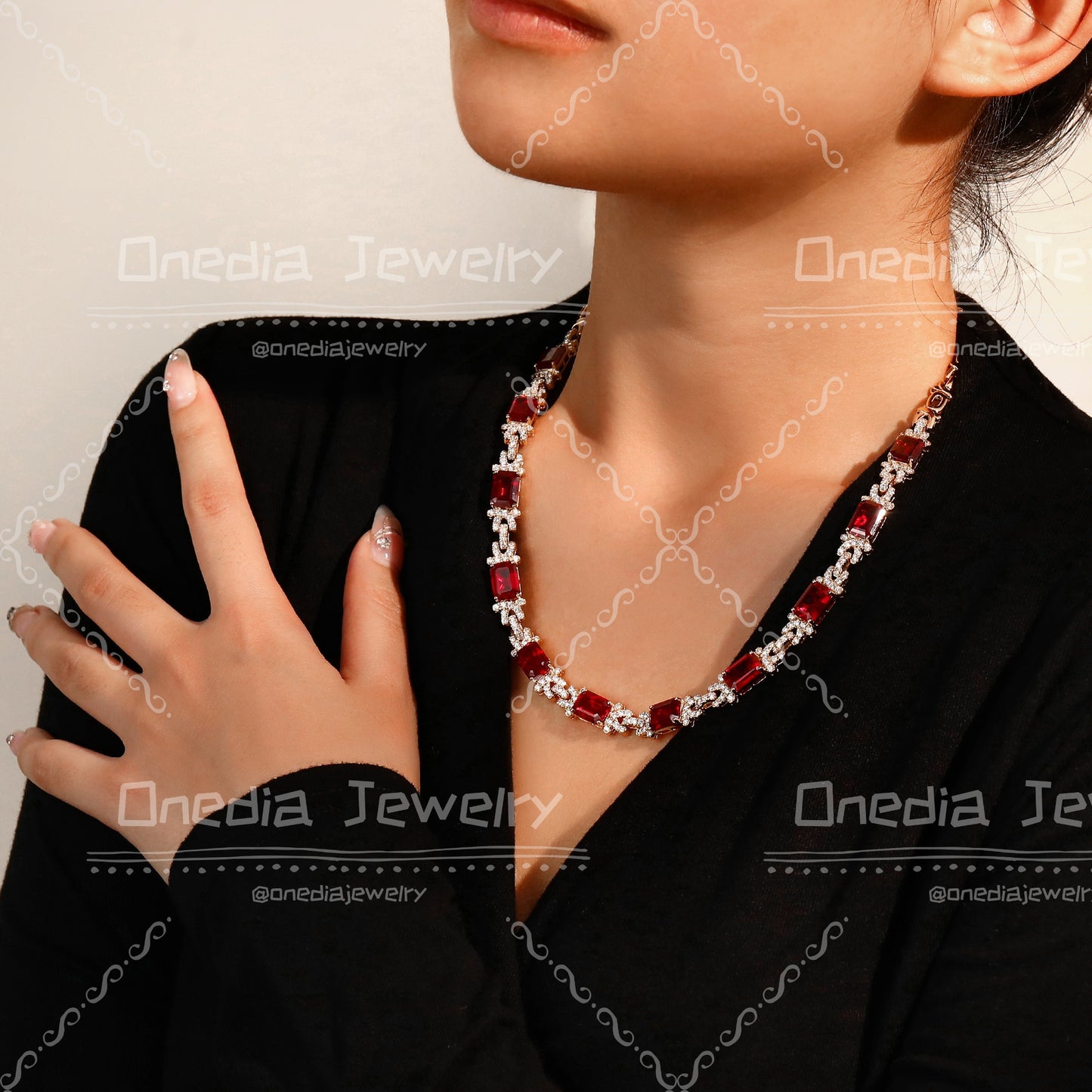 8x10mm Emerald Cut Lab Grown Ruby with Lab diamonds Luxury Design half paperclip chain 18k Rose Gold Necklace
