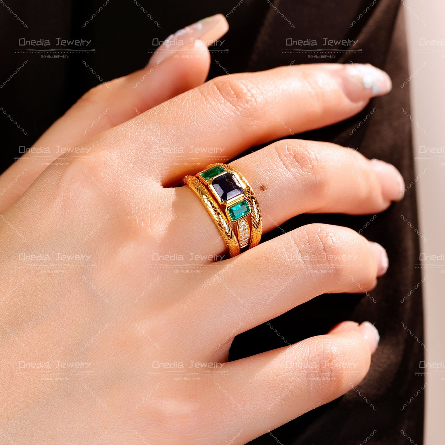 Three-Stone Emerald Cut Lab Grown Sapphire Ring with Matching Engraved Bands in 18K gold
