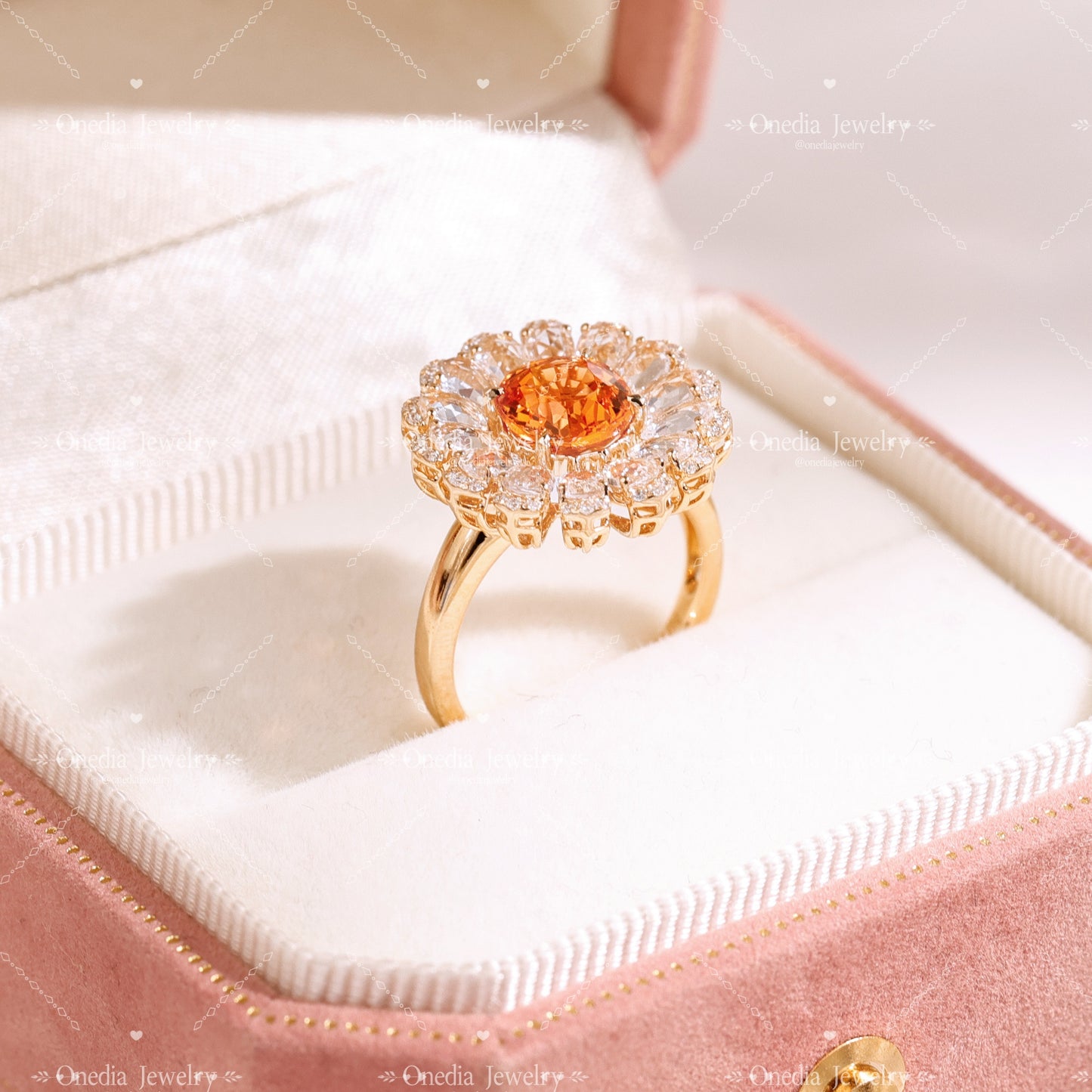 2ct Floral Summer style Orange Lab Grown Sapphire with lab diamonds ring in 18k yellow gold