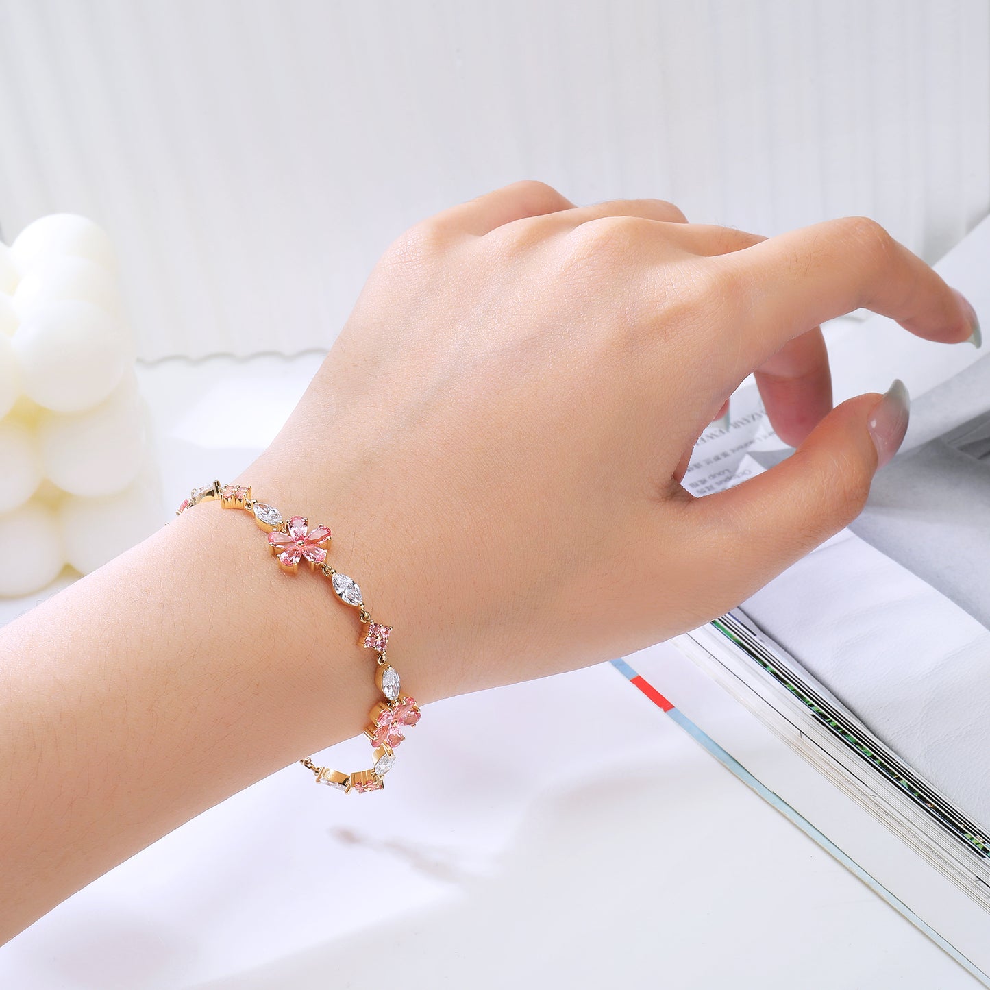 Floral Lab-Grown Padparadscha & Diamond Bracelet in 18K Rose Gold