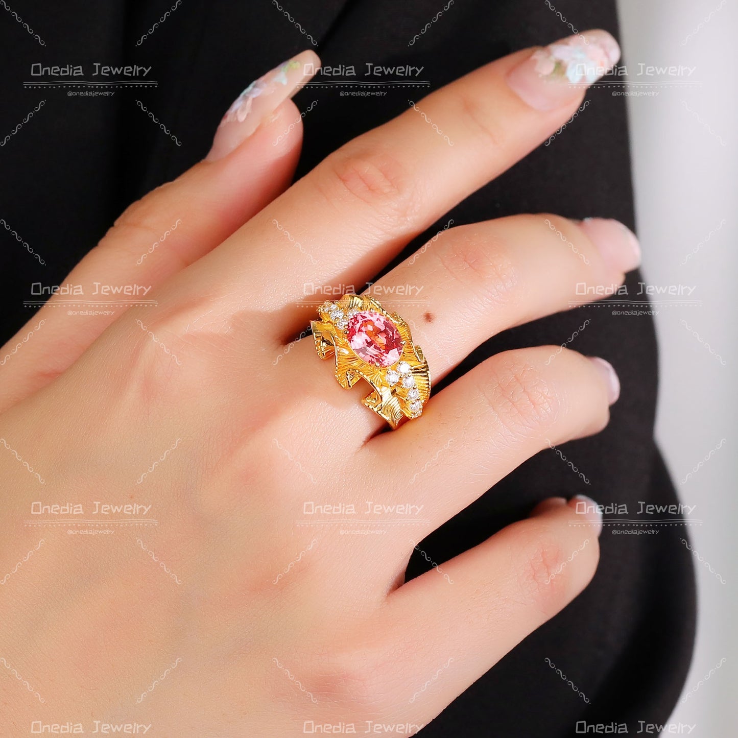 Organic Textured 14K Gold Padparadscha Diamond Ring vintage design engagement gift