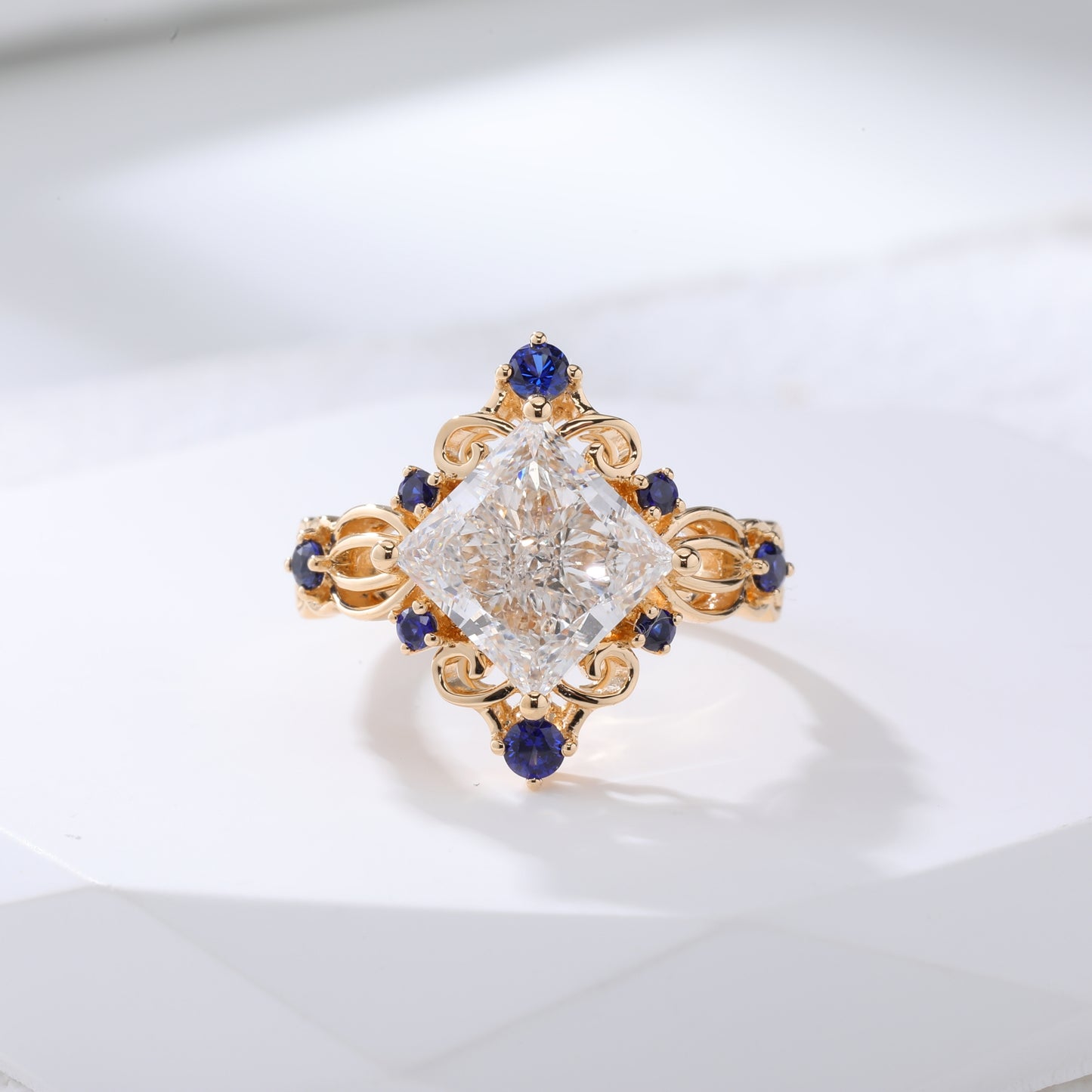 3ct Pincess cut Lab Diamond with royal blue lab sapphire Vintage Floral engagement ring in gold