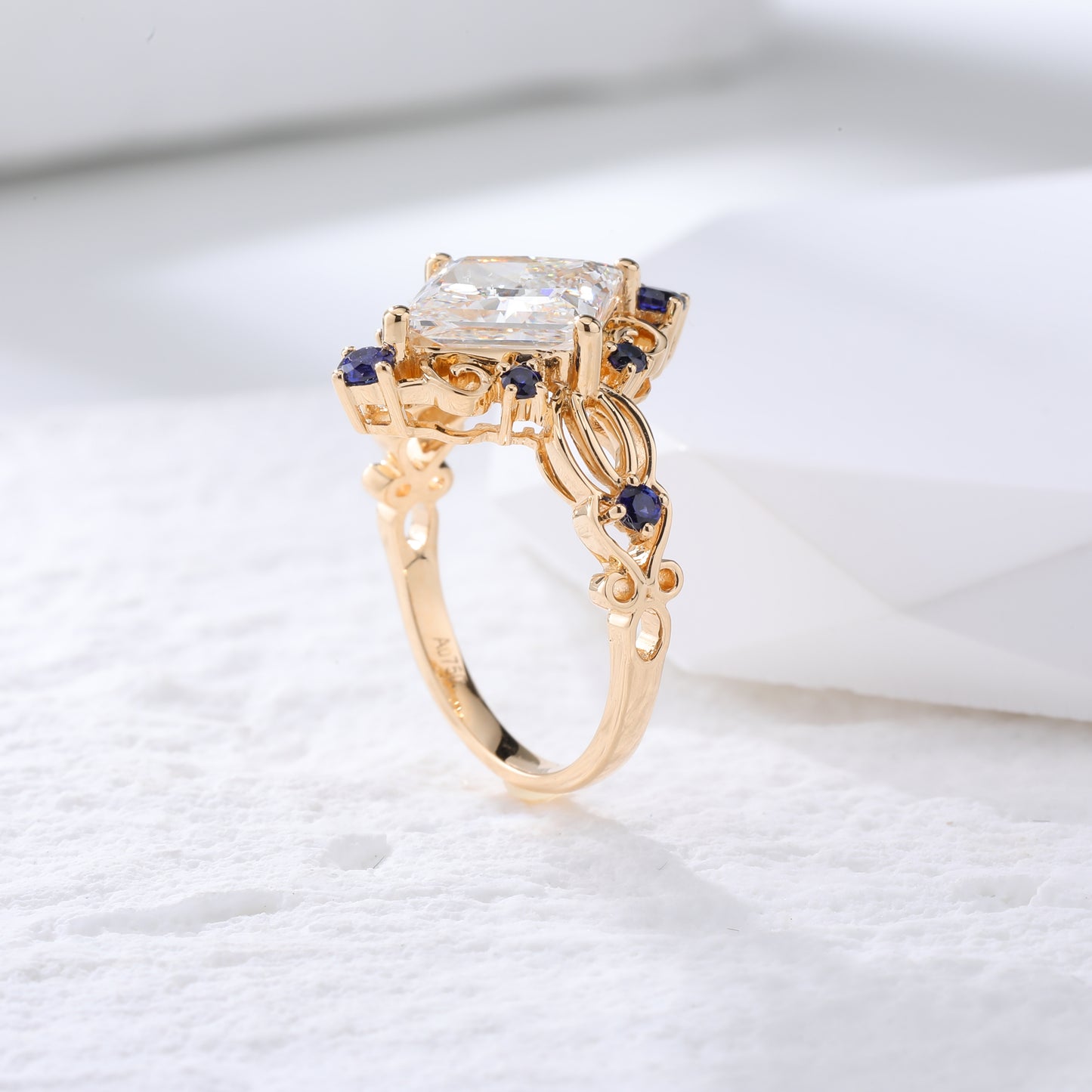 3ct Pincess cut Lab Diamond with royal blue lab sapphire Vintage Floral engagement ring in gold