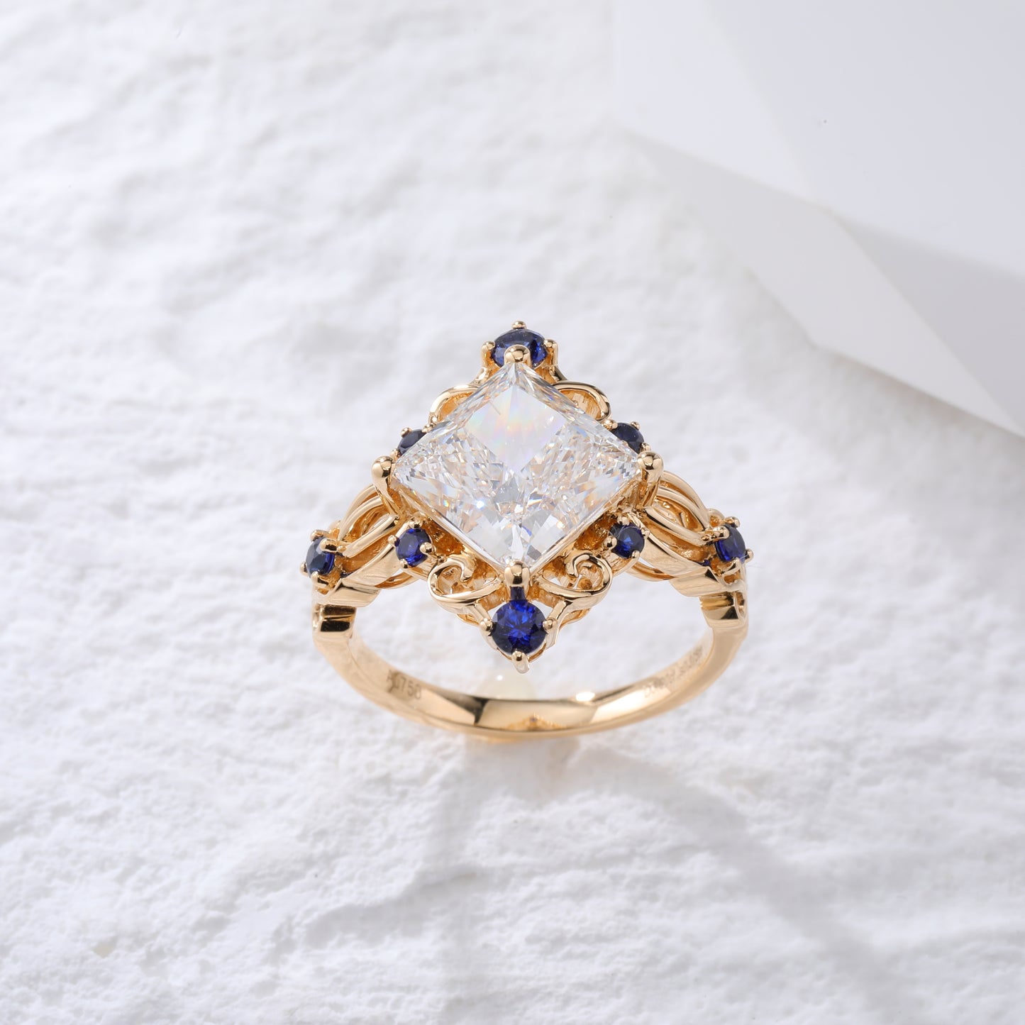 3ct Pincess cut Lab Diamond with royal blue lab sapphire Vintage Floral engagement ring in gold