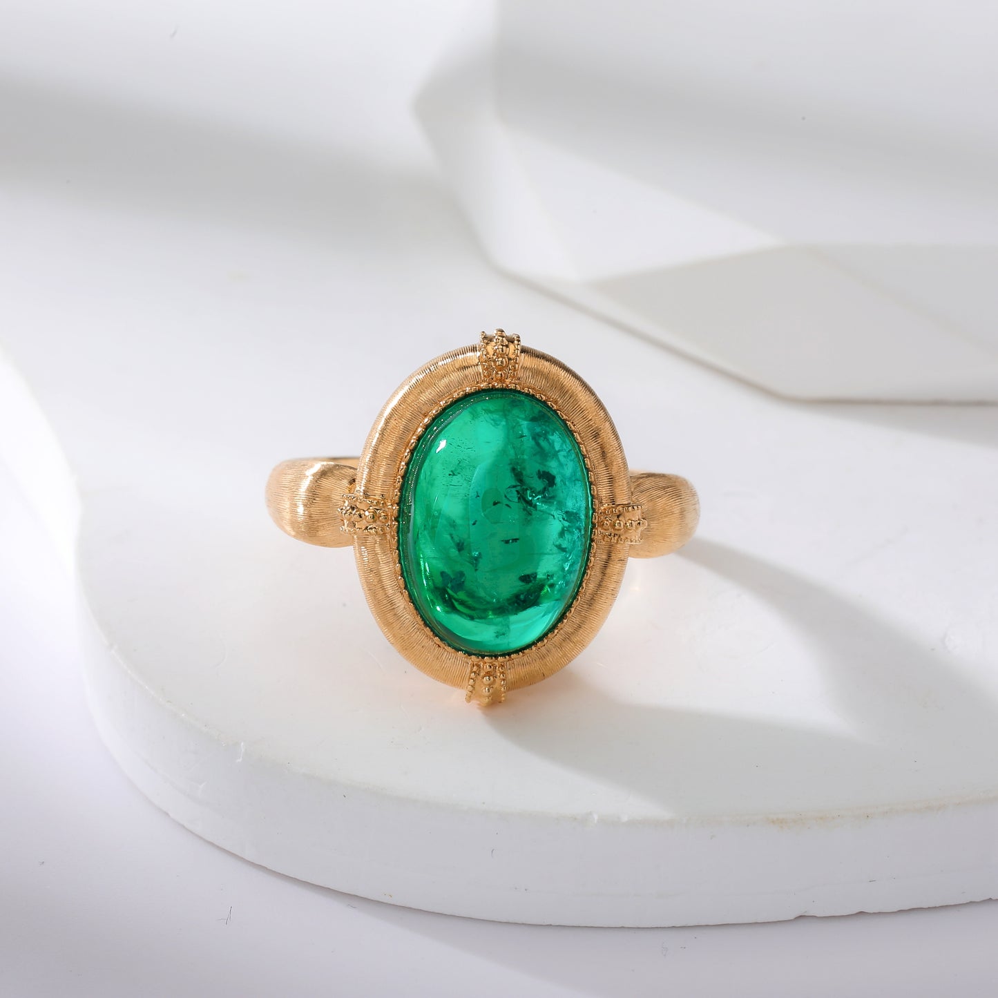 7.5ct Oval Cabochon Lab Emerald Ring in Brushed 18K Yellow Gold