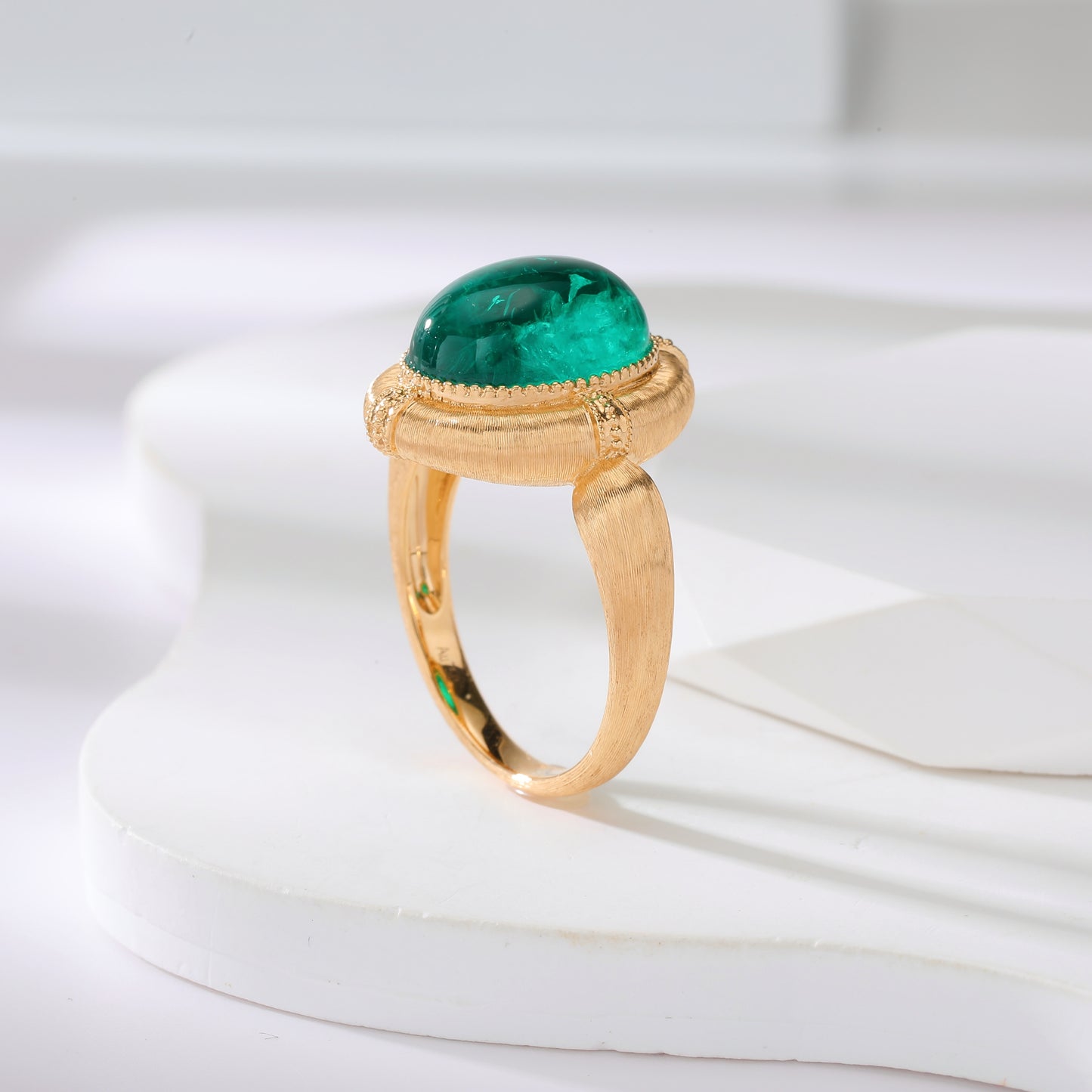 7.5ct Oval Cabochon Lab Emerald Ring in Brushed 18K Yellow Gold