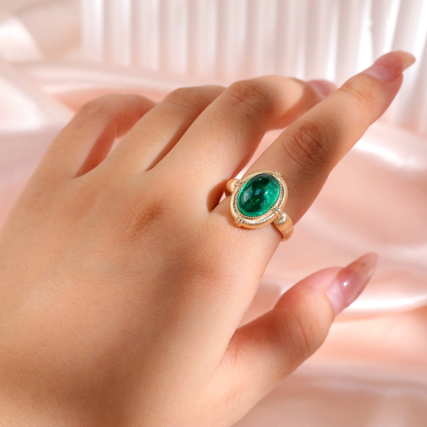 7.5ct Oval Cabochon Lab Emerald Ring in Brushed 18K Yellow Gold