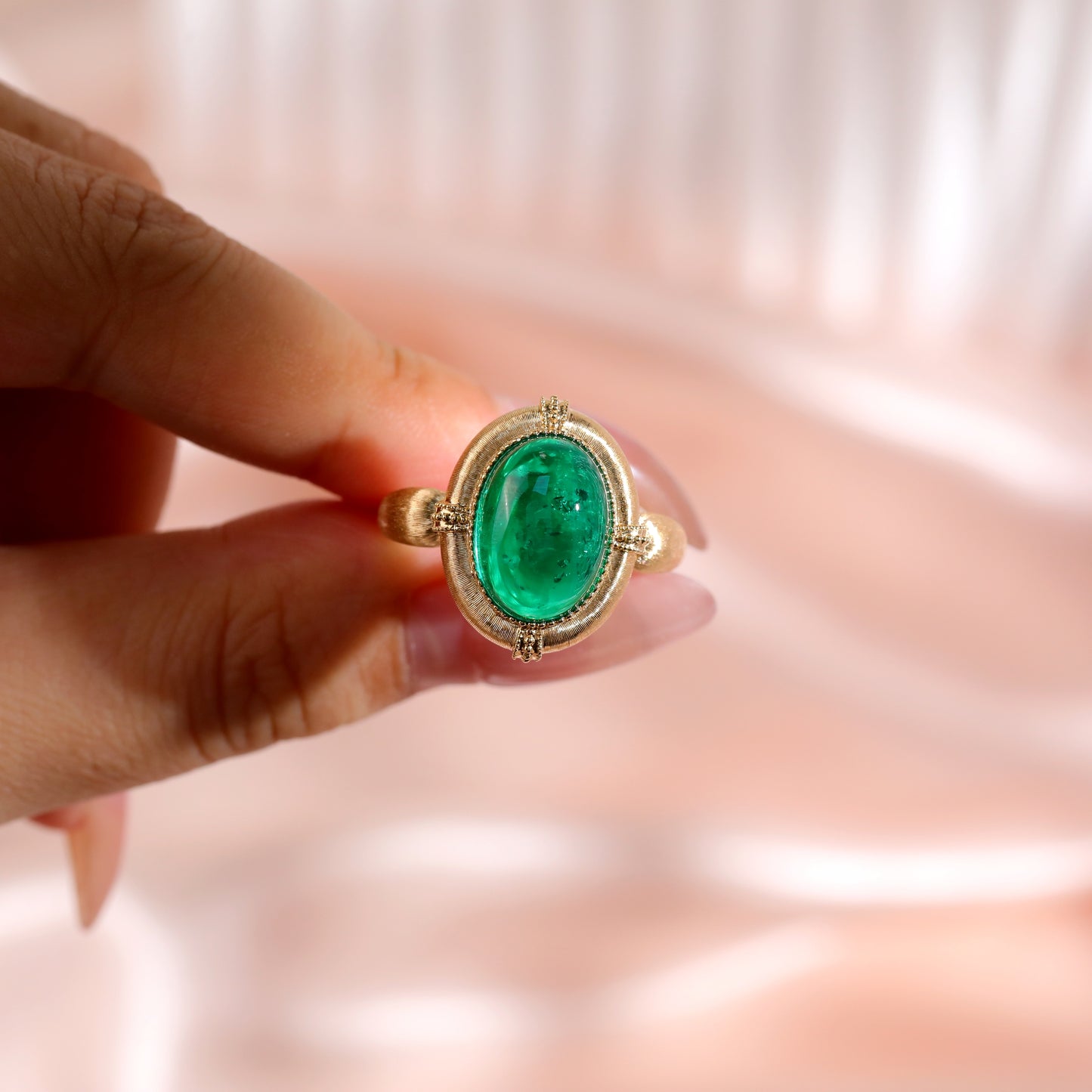 7.5ct Oval Cabochon Lab Emerald Ring in Brushed 18K Yellow Gold
