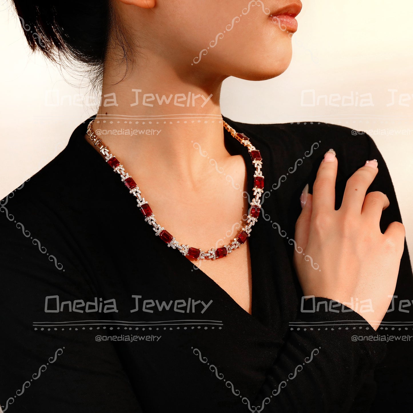 8x10mm Emerald Cut Lab Grown Ruby with Lab diamonds Luxury Design half paperclip chain 18k Rose Gold Necklace