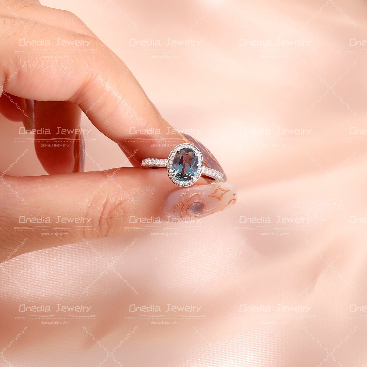 1.5ct Oval Lab Grown Alexandrite Teal color 6x8mm Classic Halo design Engagement ring in 18k white gold