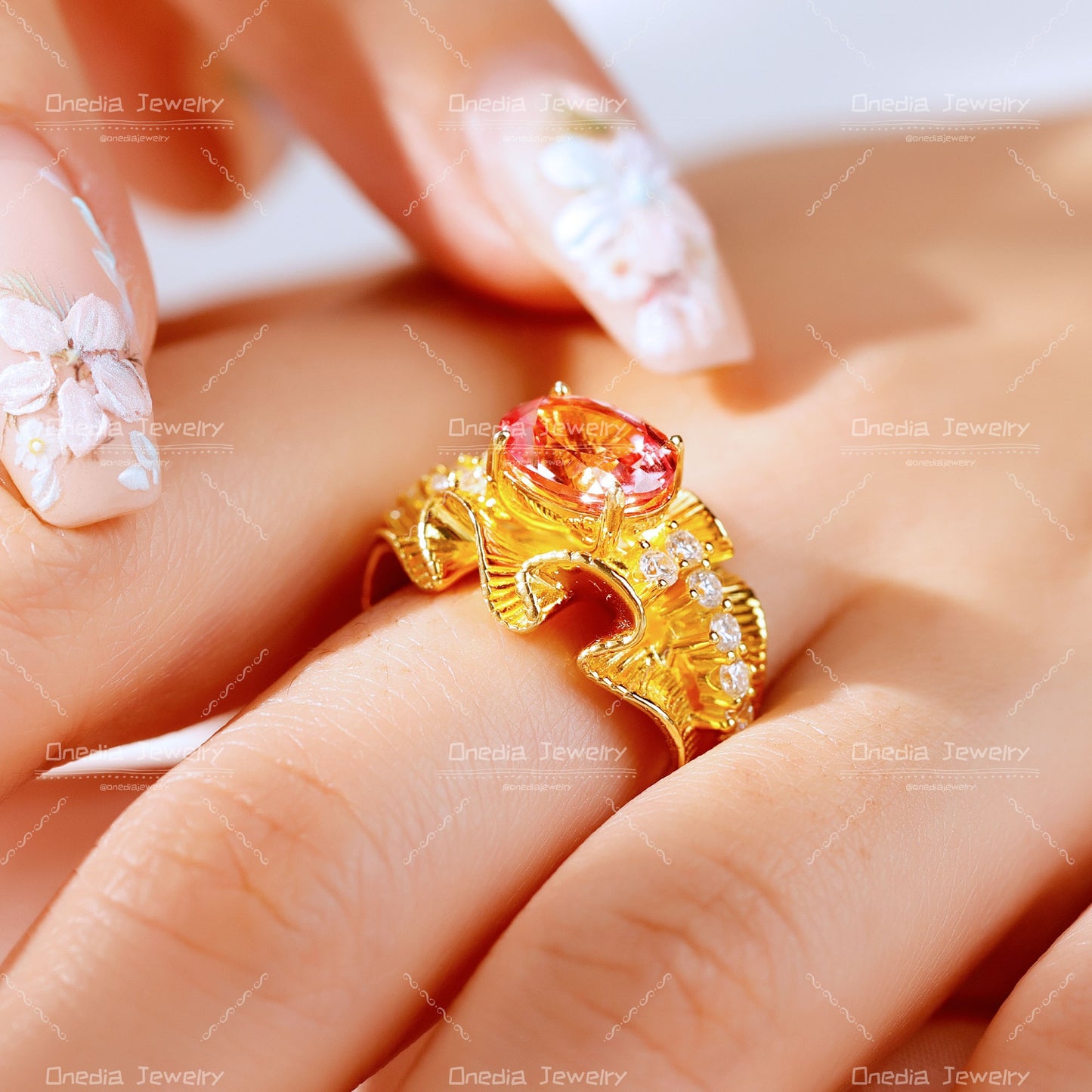 Organic Textured 14K Gold Padparadscha Diamond Ring vintage design engagement gift