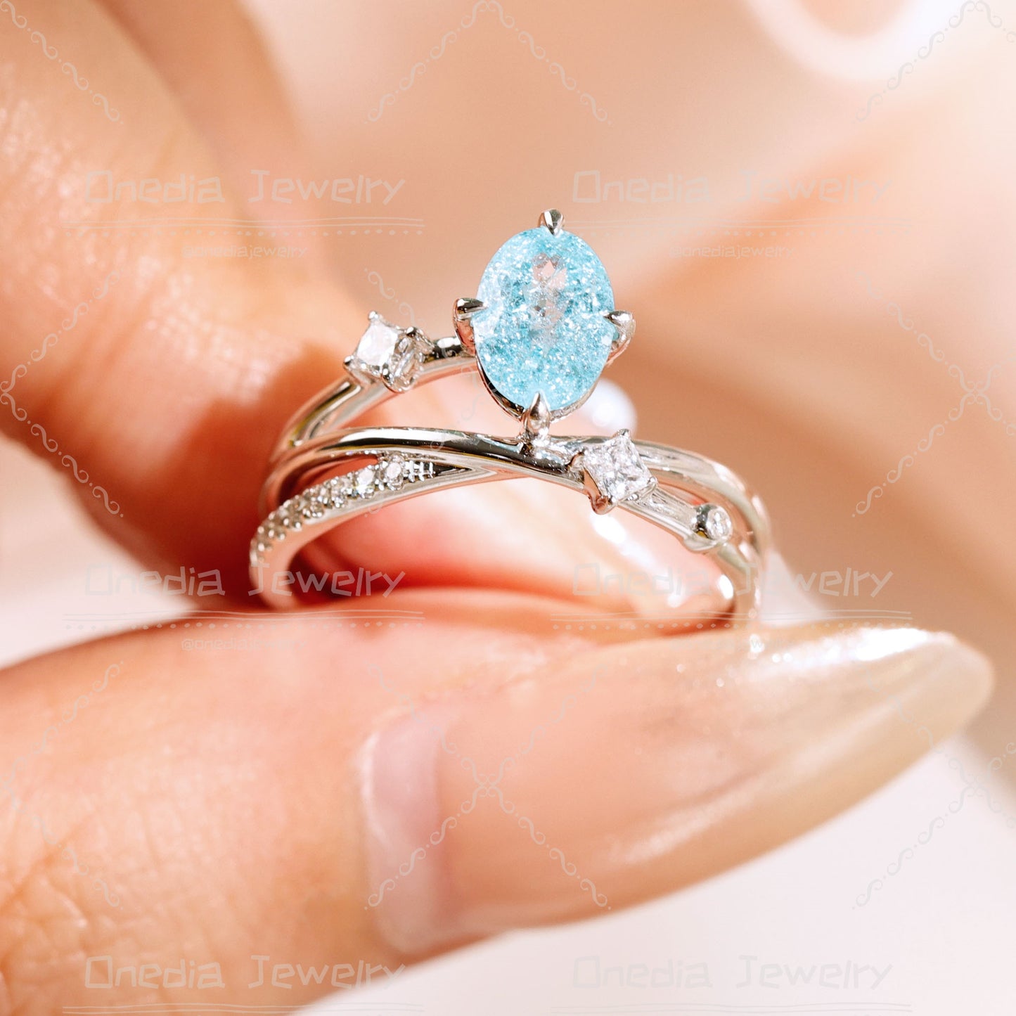 1ct Oval Lab Grown Paraiba color YAG Ice Blue 5x7mm Romantic Star design Engagement ring in 14k white gold