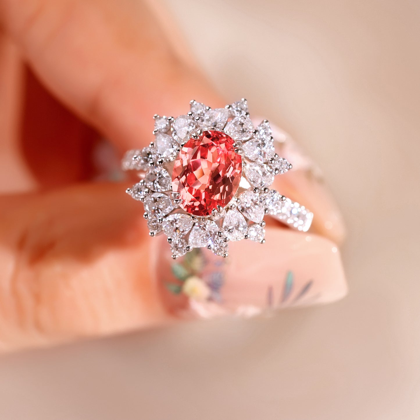 2.5carats Lab grown Sapphire padparadscha lab diamond floral cluster engagement ring gold