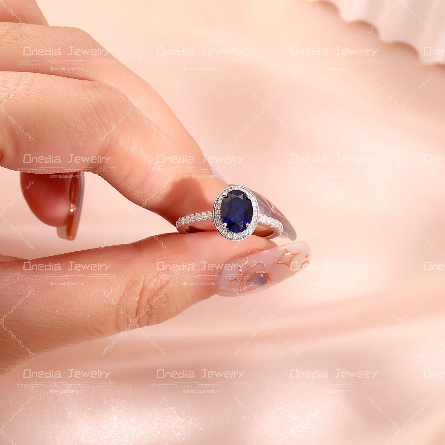 1.5ct Oval Lab Grown Sapphire Royal Blue 6x8mm Classic Halo design Engagement ring in 18k white gold