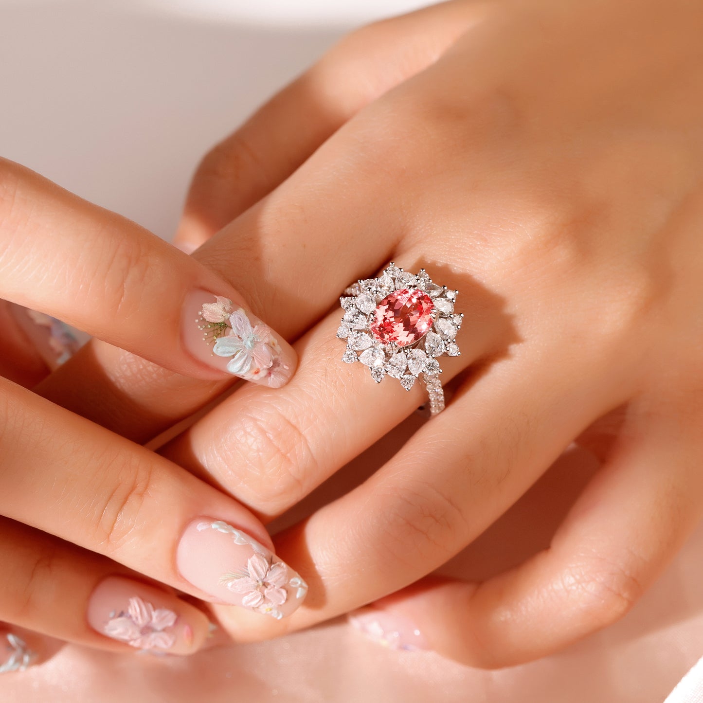 2.5carats Lab grown Sapphire padparadscha lab diamond floral cluster engagement ring gold