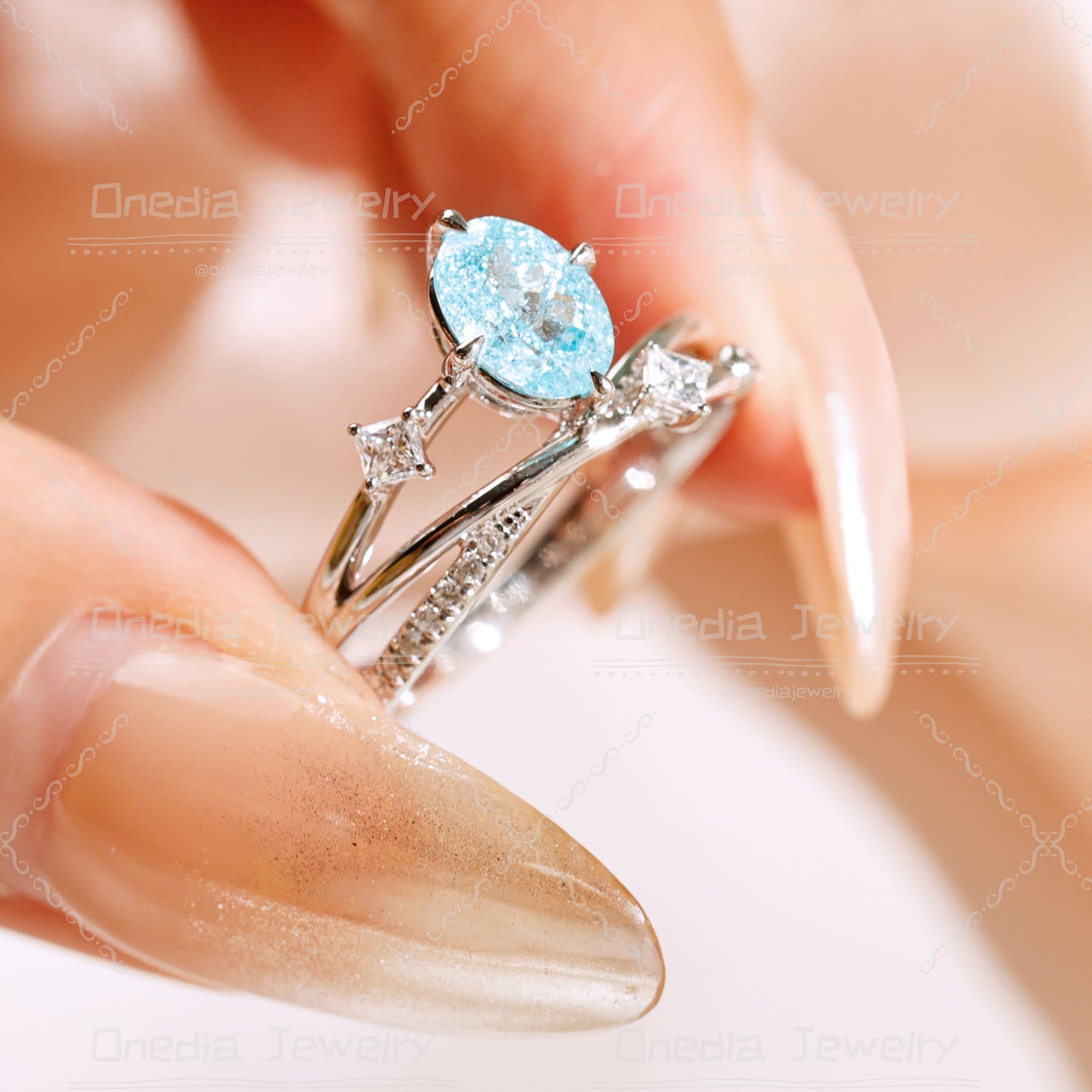 1ct Oval Lab Grown Paraiba color YAG Ice Blue 5x7mm Romantic Star design Engagement ring in 14k white gold